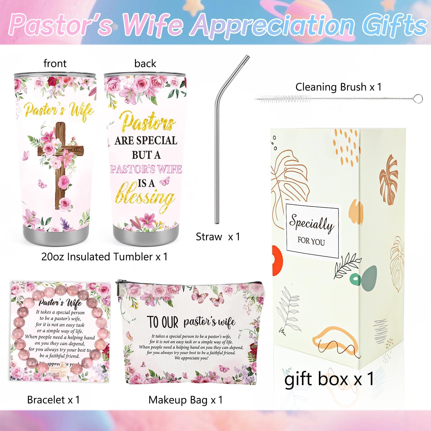 Keluna Pastors Wife Appreciation Gifts - Makeup Bag Tumbler Cup Stone Bracelet Christian Faith Religious Gifts Christmas Thank You Gift for Pastor Wife Women Birthday - Image 2