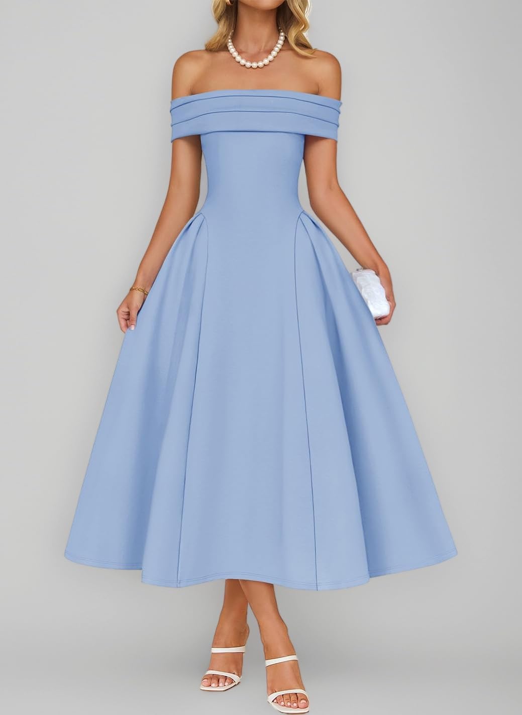 ZESICA Cocktail Dresses for Women's Elegant Off Shoulder Short Sleeve Swing A Line Wedding Evening Party Midi Dress