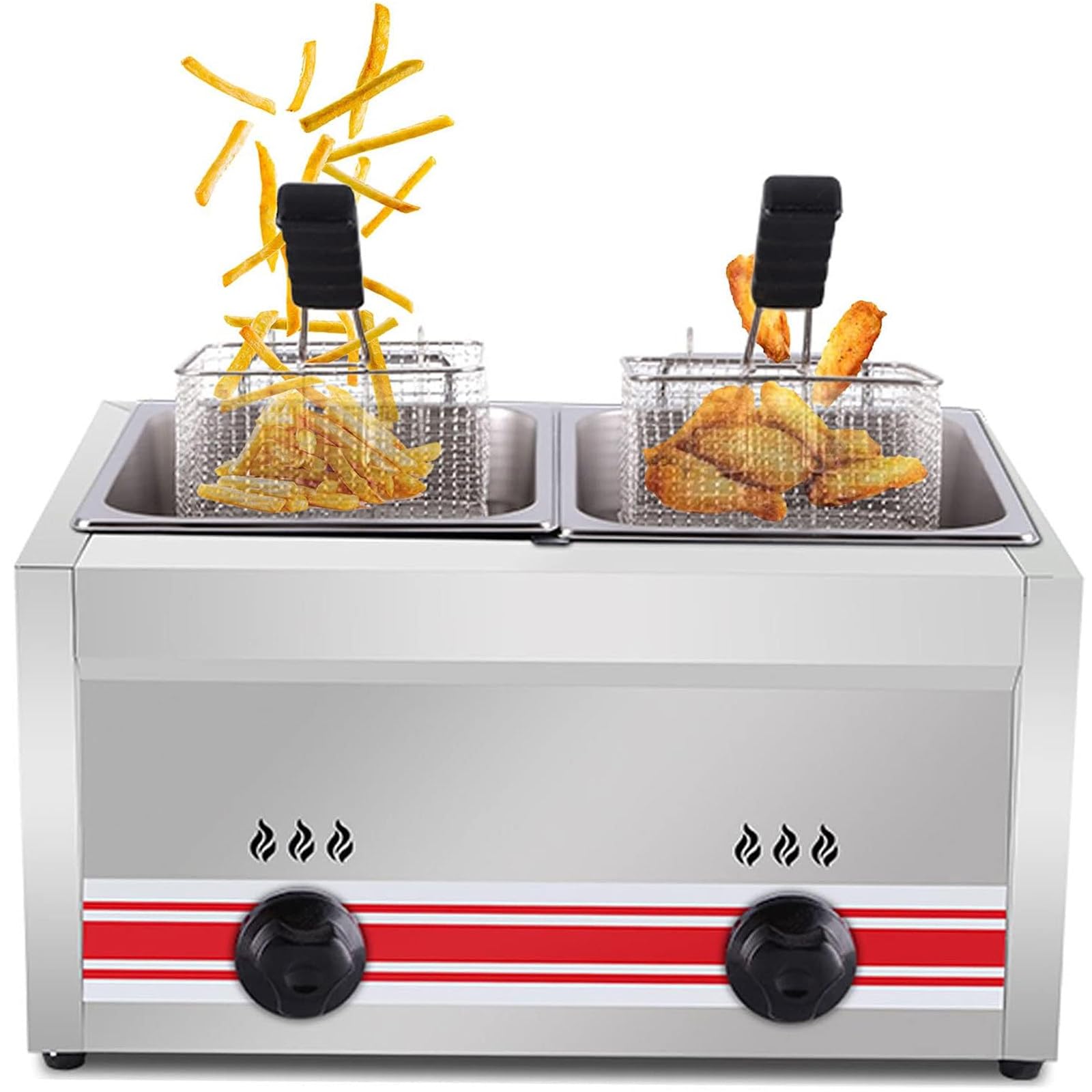 Friteuse à gaz commerciale en acier inoxydable avec 2 paniers, friteuse de 20 L pour la cuisine en plein air, double brûleur, idéale pour les frites au restaurant ou à la maison