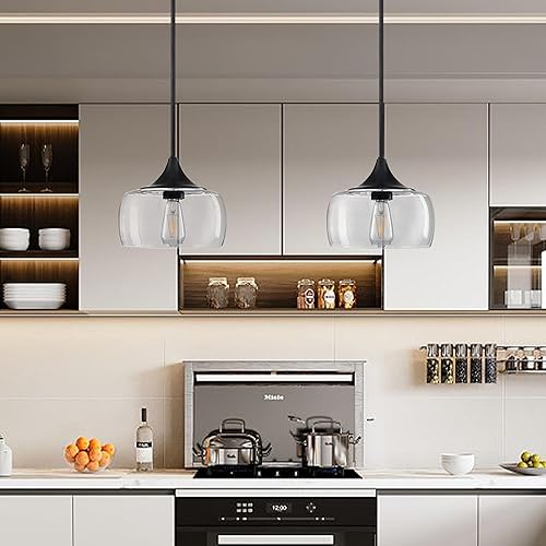 Miniatura 7 de Lámpara colgante de techo semiempotrada, moderna pantalla de vidrio transparente soplado a mano, clásica para granja, entrada, comedor, isla de
