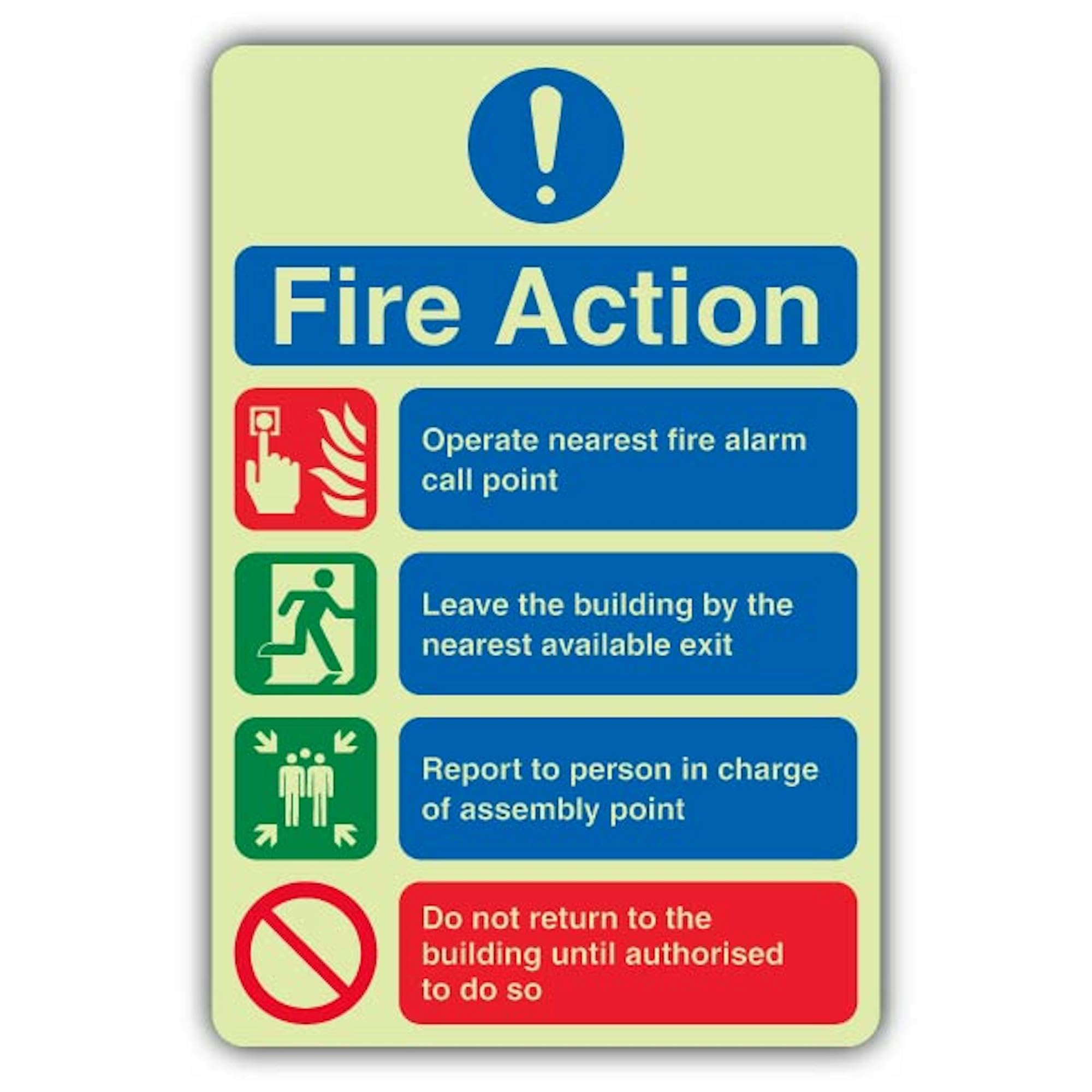 V Safety Glow In The Dark 4 Point Fire Action Cartello segnaletico – 300 x 450 mm – Realizzato in vinile autoadesivo a doppio bagliore – Segnaletica antincendio – Made in Britain