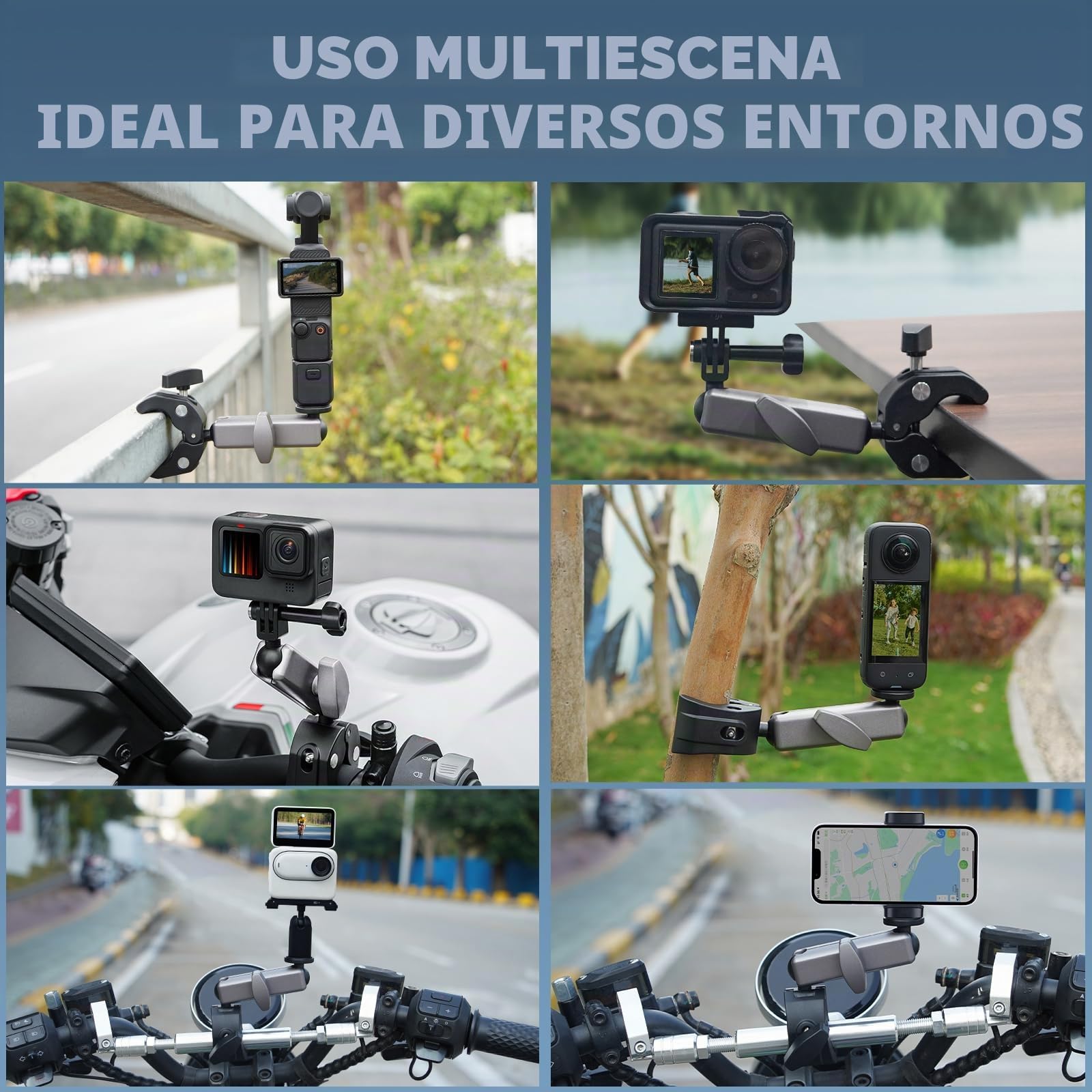 BRDRC - Soporte de bicicleta para 3 cámaras de bolsillo, para moto y mango de aluminio para Insta360 X3 X2 Ace Pro, para DJI Osmo Pocket 3 2 Mobile 6 4 Action 4 3, para GoPro Hero 12 11 10 9 8