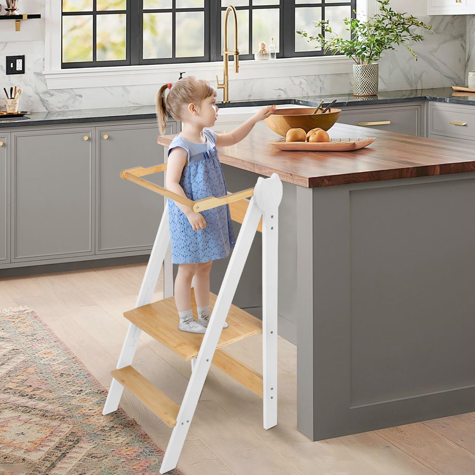 Torre Montessori plegable con patas anti-Bascular torre de observación Montessori con rieles de seguridad torre de observación infantil ajustable en altura sobre pisos (blanco)