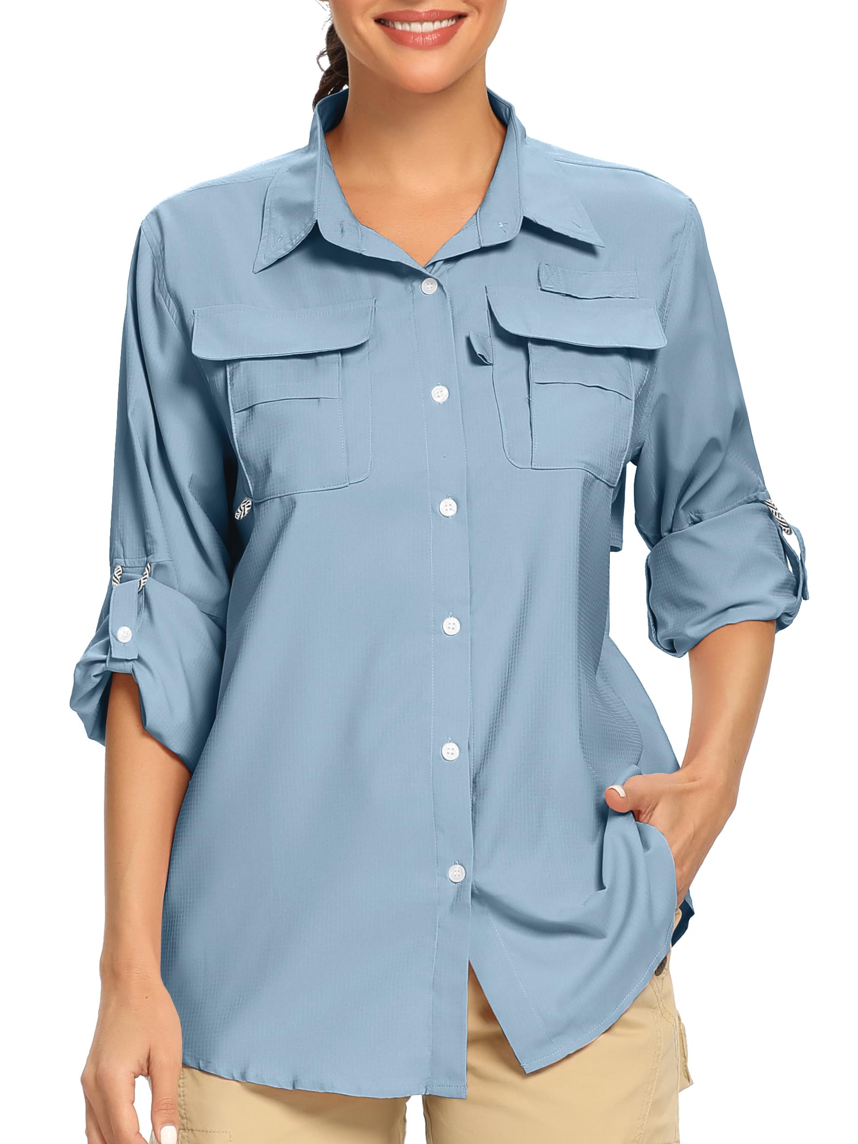 Women's UPF 50+ UV Sun Protection Safari Shirt, Long Sleeve Outdoor Cool Quick Dry Fishing Hiking Gardening Shirts