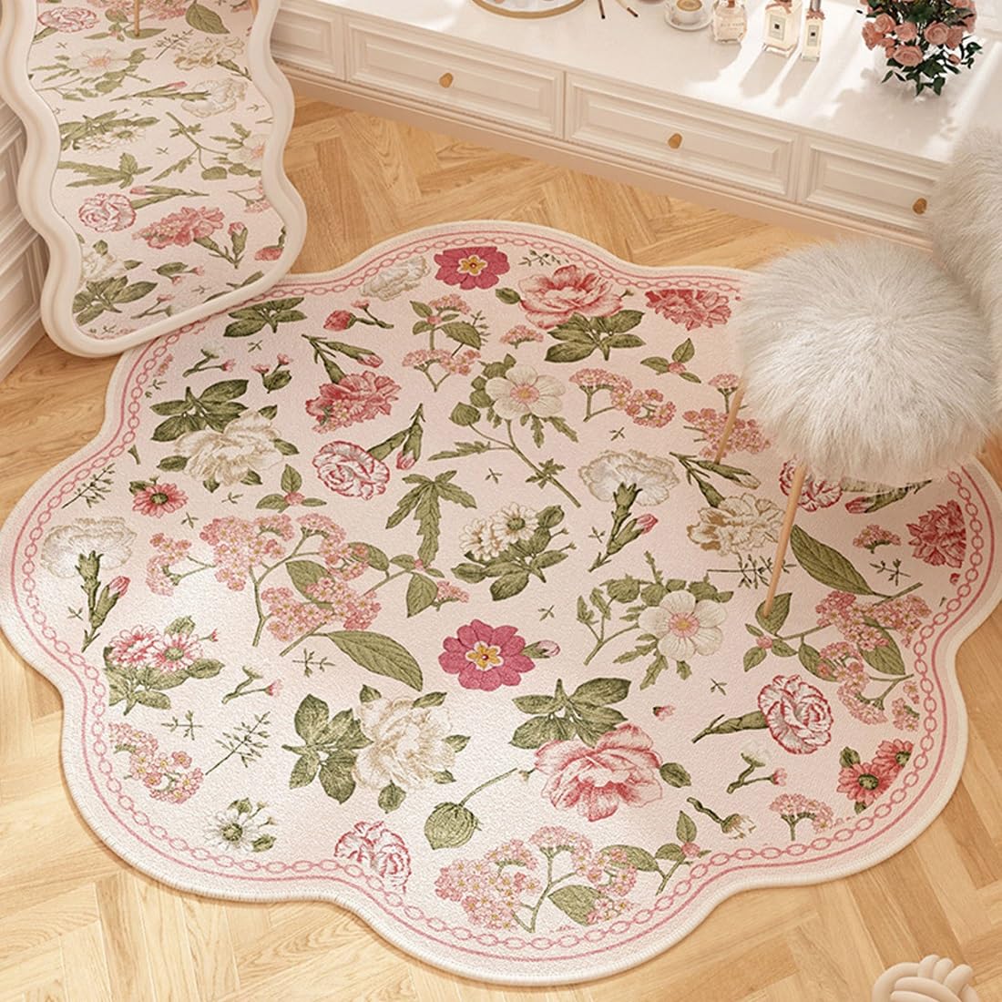 Irregular Area Rug Floral Rug for Living Room Bedroom Office Playroom Machine Washable Indoor Floor Carpet, Pet-friendly(Pink F,120cmx120cm)
