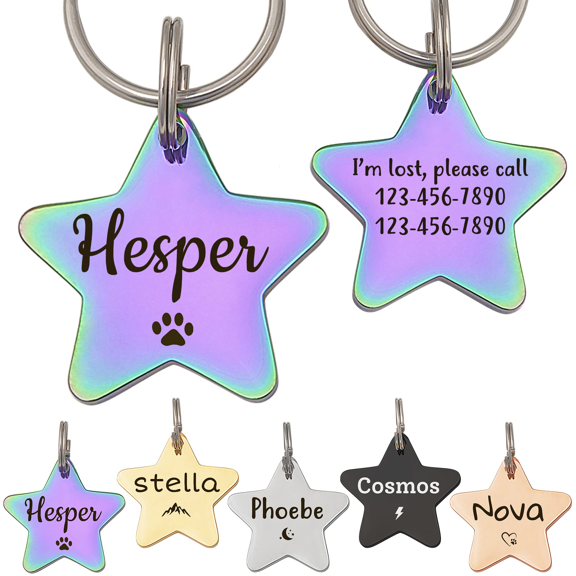 Anavia Half Moon & Star Shape Pet ID Tags, Personalized Icon Design Dog Name Tag Cat Tag, Glossy Stainless Steel Gold Plated Black Rainbow Dog Collar Tag (Medium, Star Shape, Rainbow)