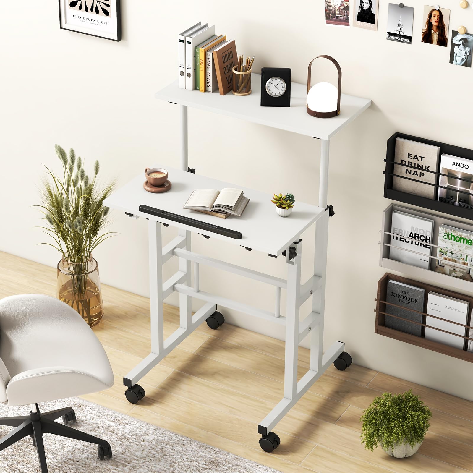 GIANTEX Bureau Assis-Debout, réglable en Hauteur, Table d'ordinateur à Dessin avec roulettes, Bureau Debout Mobile avec 2 Stations de Travail séparées, Table PC Table de Travail (Blanc)