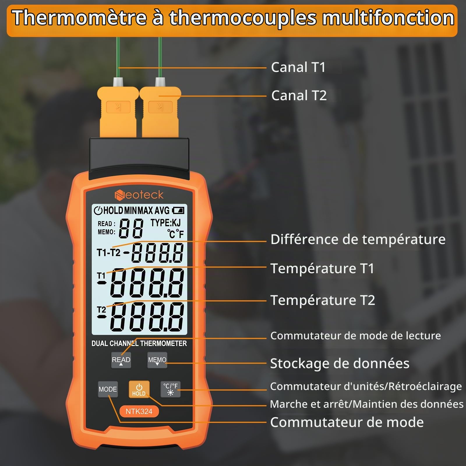 Neoteck Thermomètre Thermocouple Numérique Type K J 2 Canaux -50~1300℃ Haute Précision avec 4 Sondes et Stockage 99 Données, Écran LCD Rétroéclairé pour HVAC Industriel Laboratoire Four Réfrigérateur