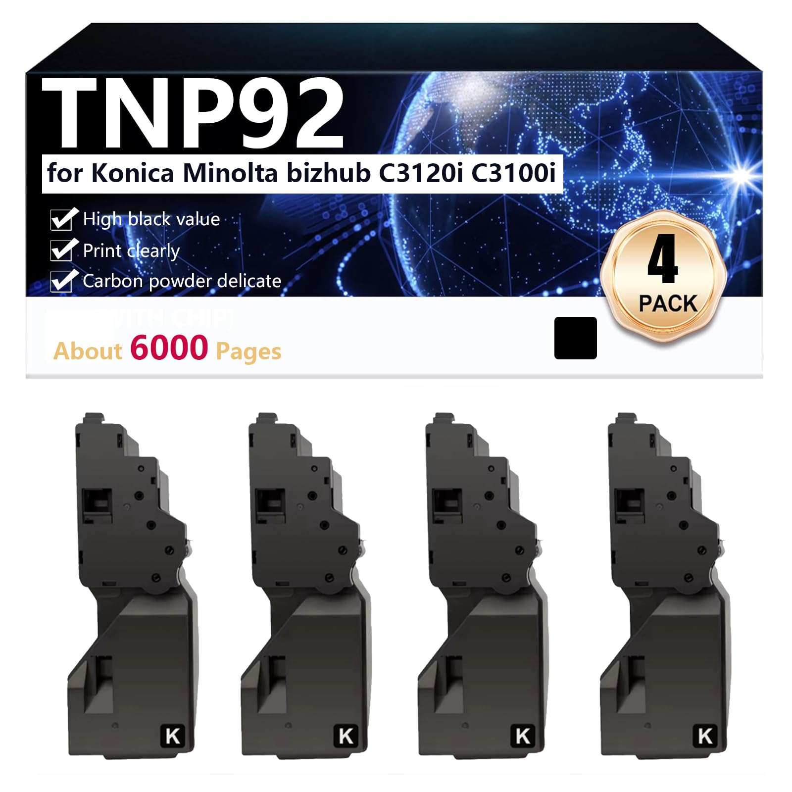 TNP92 Cartuccia Toner Compatibile per Konica Minolta bizhub C3120i C3100i Stampanti, Elevata Capacità di Stampa 6000 Pagine, Stampa ad alta Definizione,Black-4 pack