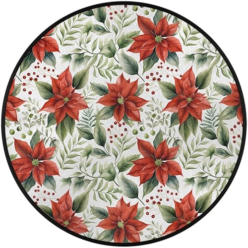 Miniatura 2 de Christmas Poinsettia Red Holly (03) Round Area Rug 3ft Machine Washable Circular Rugs for Dining Room Table Bedroom Playroom Throw Rugs for Dog