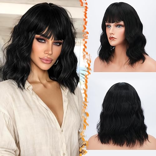 Miniatura 45 de BARSDAR Peluca rubia corta ondulada con flequillo, pelucas cortas onduladas de 14 pulgadas para mujer, pelucas sintéticas suaves hasta el hombro