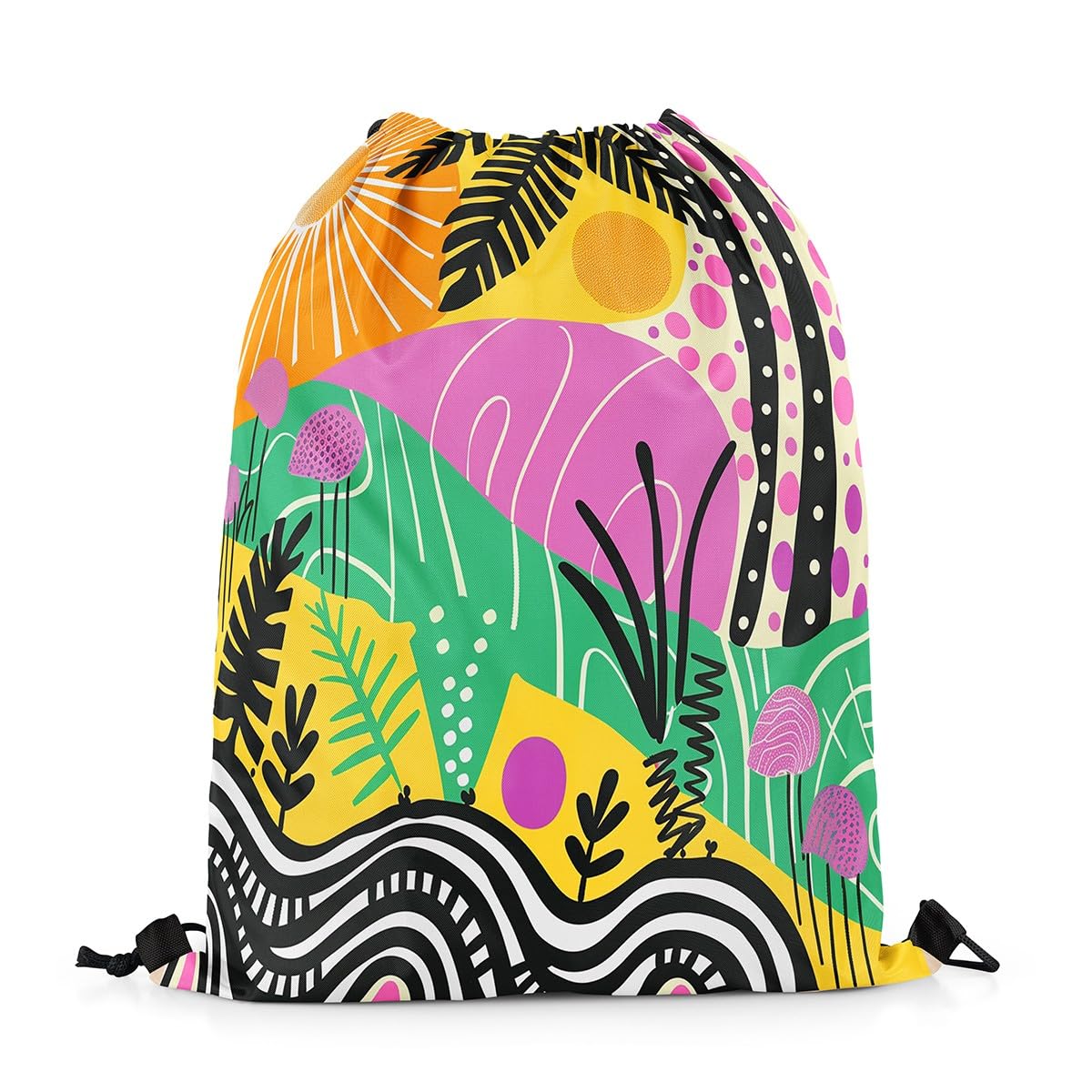 Homewish Tropical Palm Tree Draw String Back Bag Watercolor Sun Drawstring Bags Hippie Graffiti Draw String Back Bag 33 x 40 cm Rustic Colorful Stripes Drawstring Backpack,Black Yellow Pink