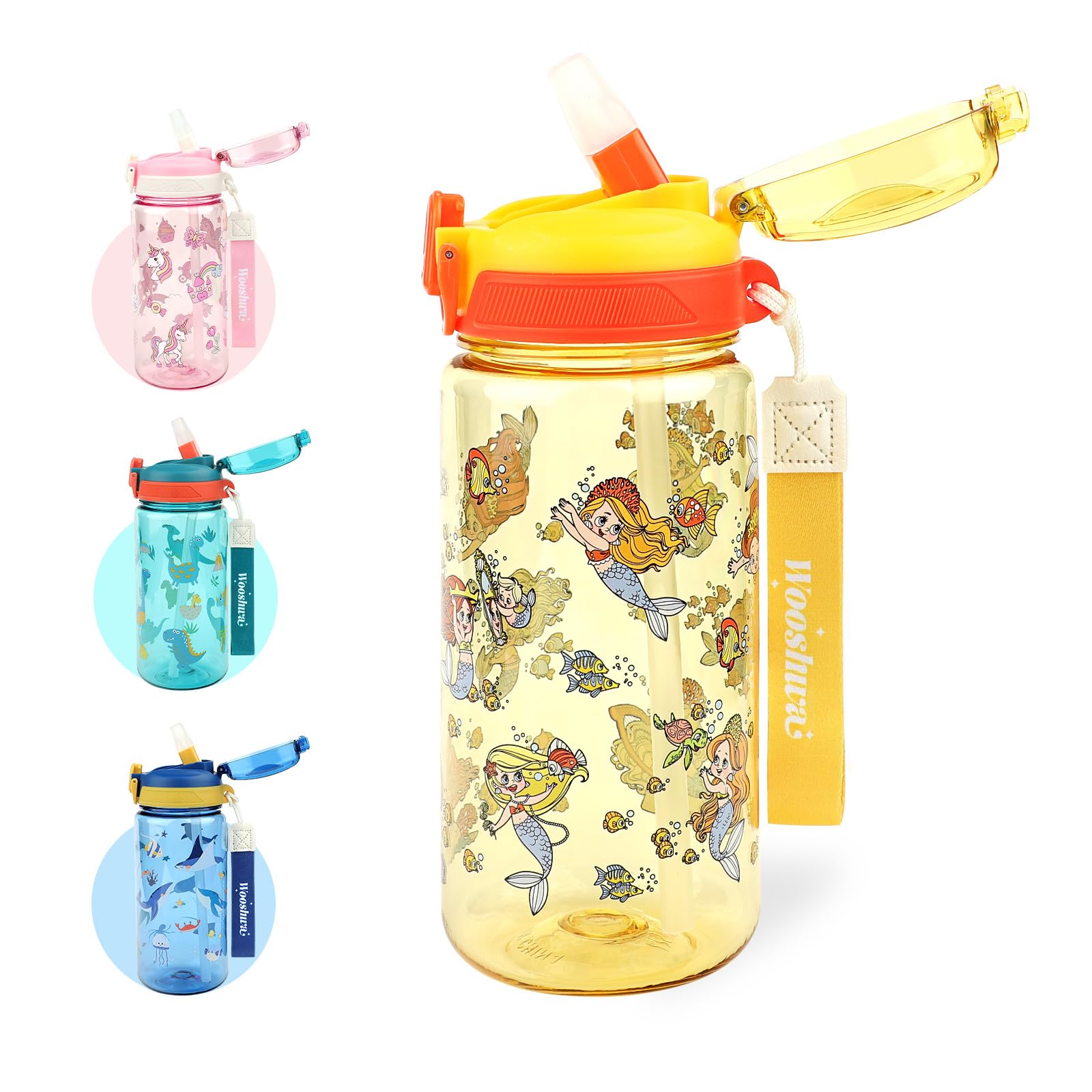 wooshwa Trinkflasche Kinder, Auslaufsicher Einhandöffnung, Sport Wasserflasche mit Strohhalm, Kindergarten Schule und Sport Flasche für Mädchen, BPA-frei Spülmaschinenfest 600ml, Meerjungfrau