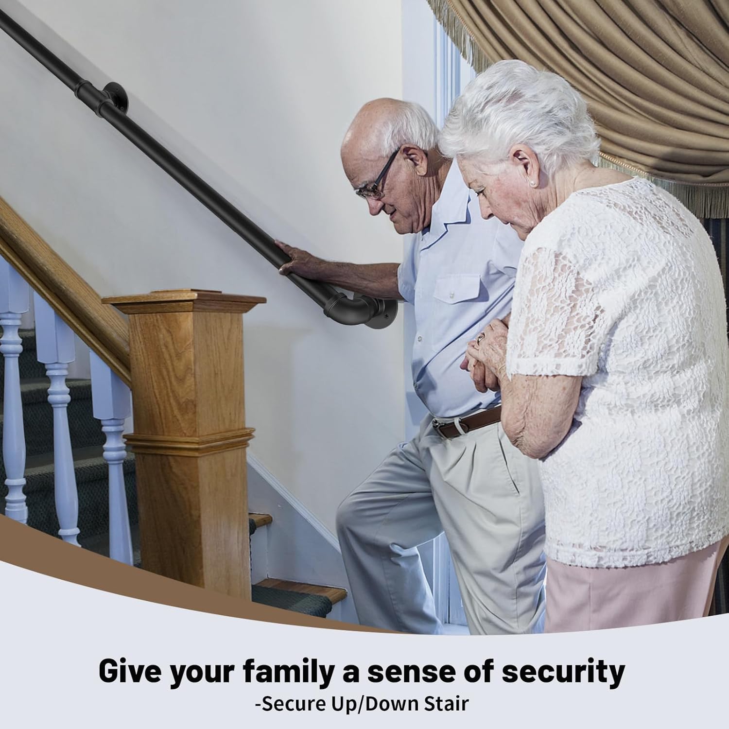 Wall Mount Industrial Staircase Handrails 9FT, 1.3" Hand Rails for Indoor Stairs,Black Galvanized Pipe Stair Handrail,Grab Bar for Steps,Stair Railing Indoor