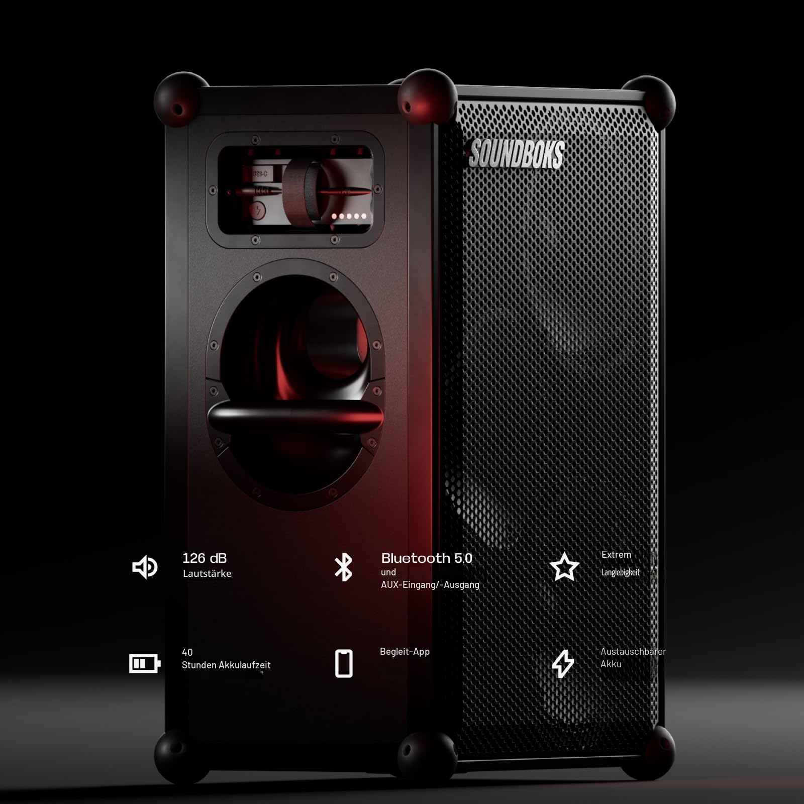 SOUNDBOKS 4 - Bluetooth Performance Speaker - USB-C-Aufladung Akku - Lautester Party Lautsprecher mit 40 Stunden Akku - Kabelloser und tragbarer Lautsprecher - Designed in Dänemark - 126dB (Schwarz)