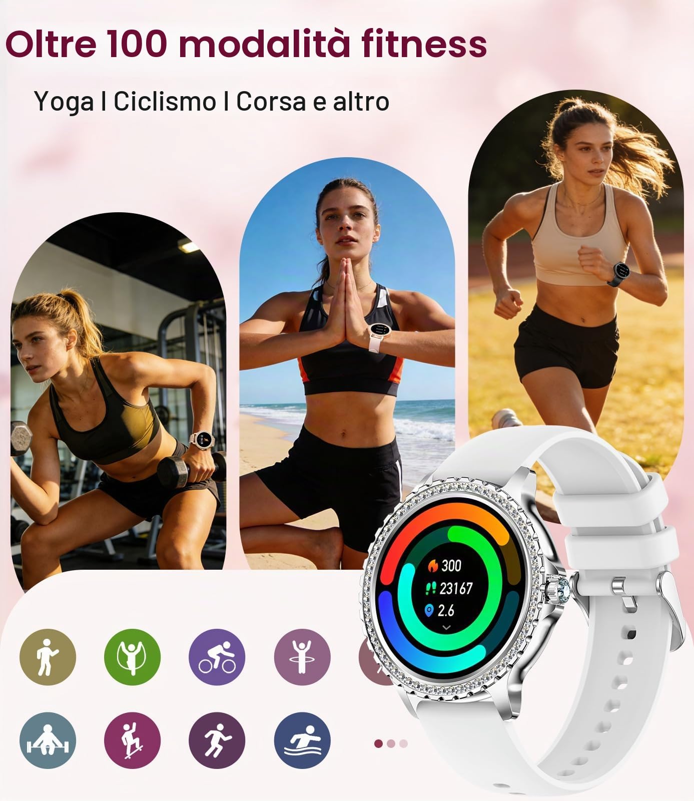 LIGE Smartwatch da donna Bluetooth chiamate per Android iOS 1,32" HD Full Touch Screen da donna Smart Watch Diamante argento acciaio inox frequenza cardiaca, monitor sonno, contapassi, calorie, 100+