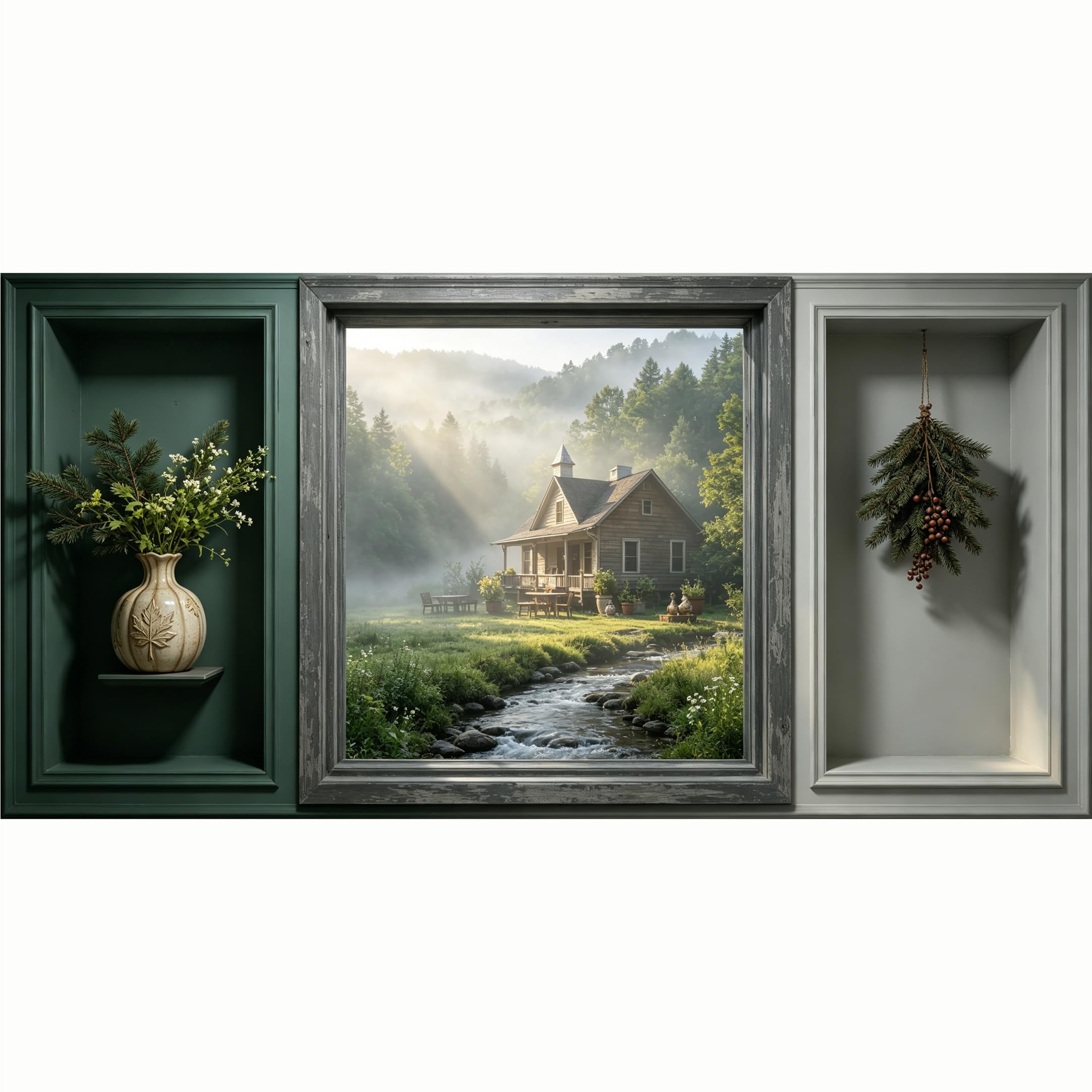 QZLITHOTIC 50x100cm 3D Framed Wall Art， Misty Forest Cabin Creek Landscape Trompe L'oeil SelfAdhesive Mural， WaterActivated Peel & Stick Fabric Decor Wall Decal for Bedroom Living Room