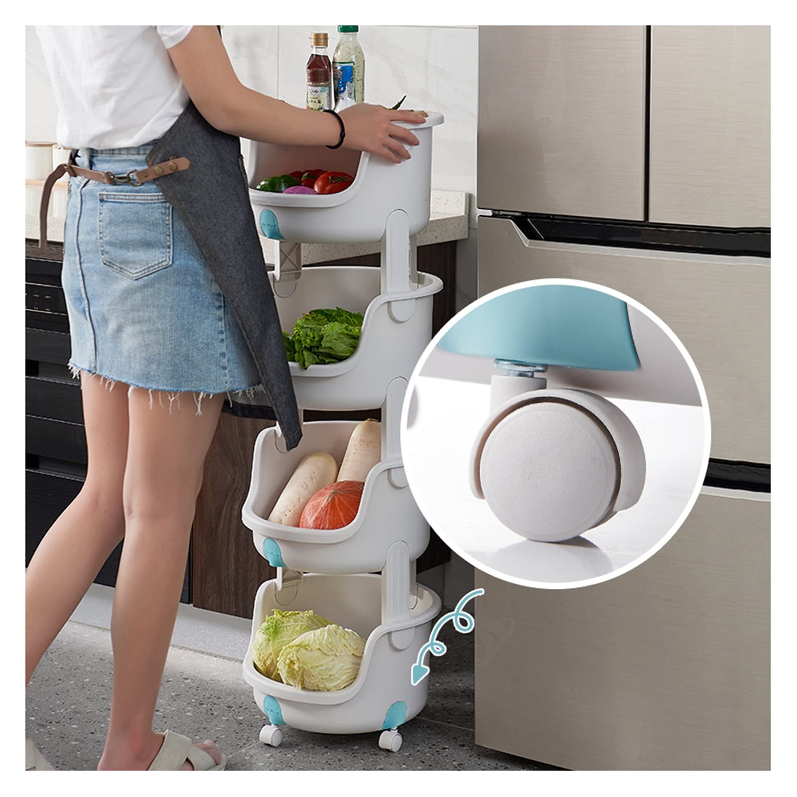 Scaffale portaoggetti a 4 livelli, ripiani in plastica cestello portaoggetti impilabile rotondo, carrelli da cucina con rotelle per camera da letto, ufficio, bagno