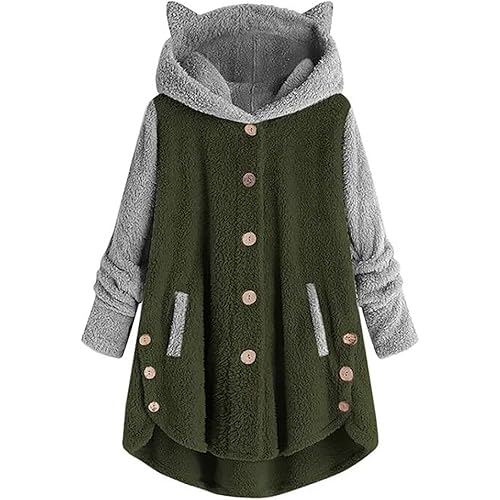 Fastbot Fleece Jacket Women Pullover Hoodie Fleece Hooded Sweatshirt Cat Ear Pocket Solid Warm Winter Oversized Outwear