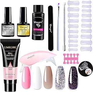 LimeGirl Kit de unhas de gel de extensão poli com luz uv, 5 pces gel de unhas de poli glitter para construtor de unhas Kit de unhas de gel poli com base e revestimento superior para iniciante