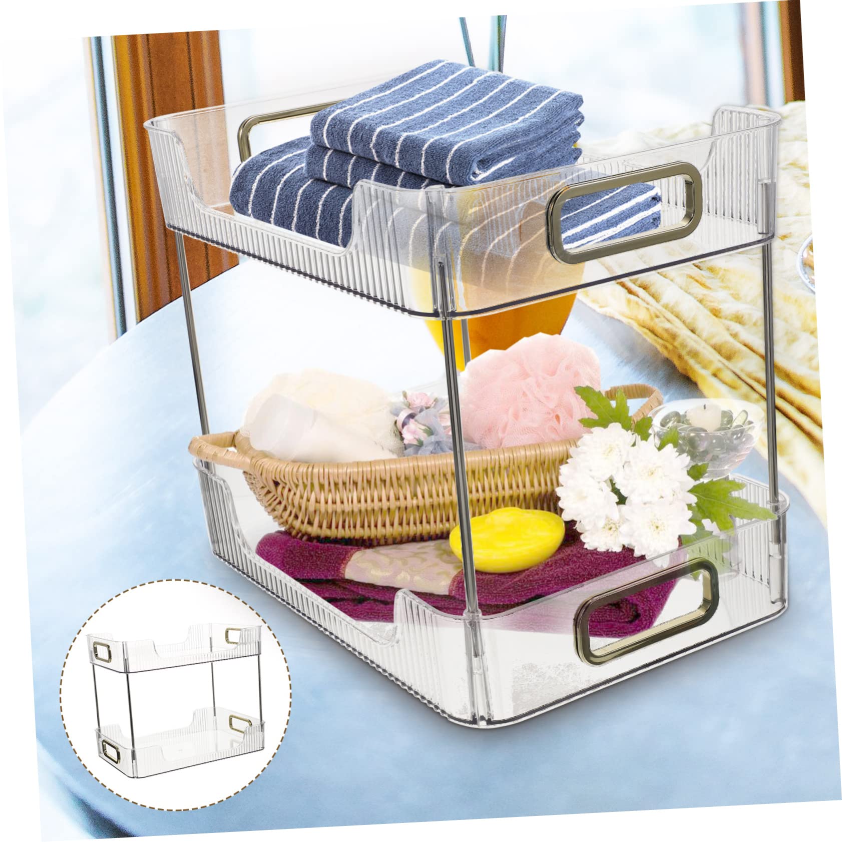 Organizer Cosmetici da Bagno 2 Livelli Doppio Ripiano in PET e Acciaio Inossidabile per Piano Lavabo Bagno e Comodino