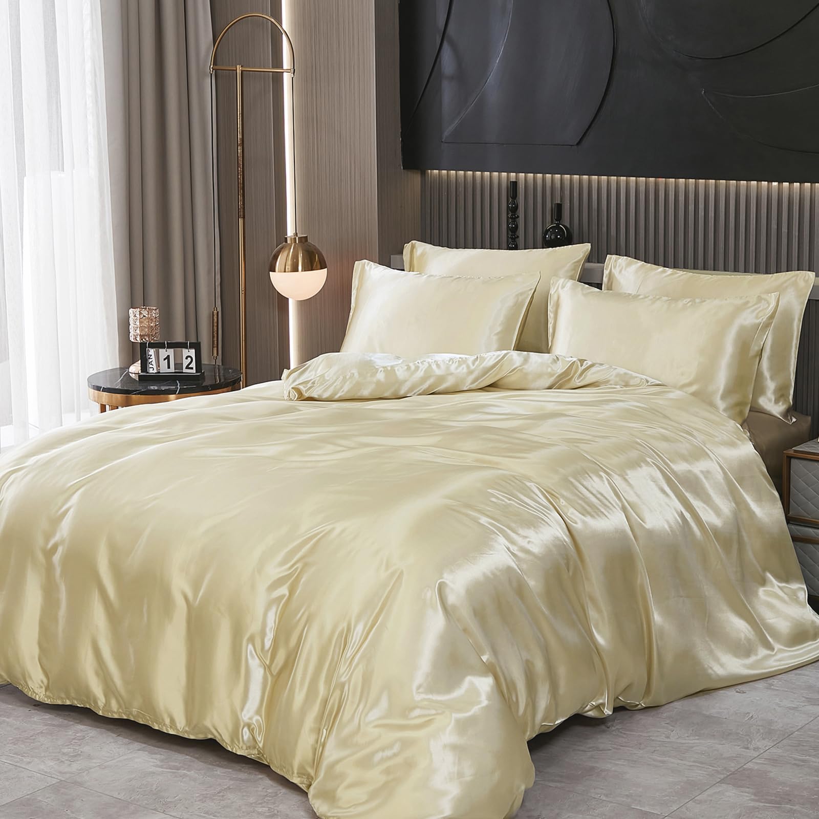 Parure de lit en satin de soie beige King size avec housse de couette 6 pièces