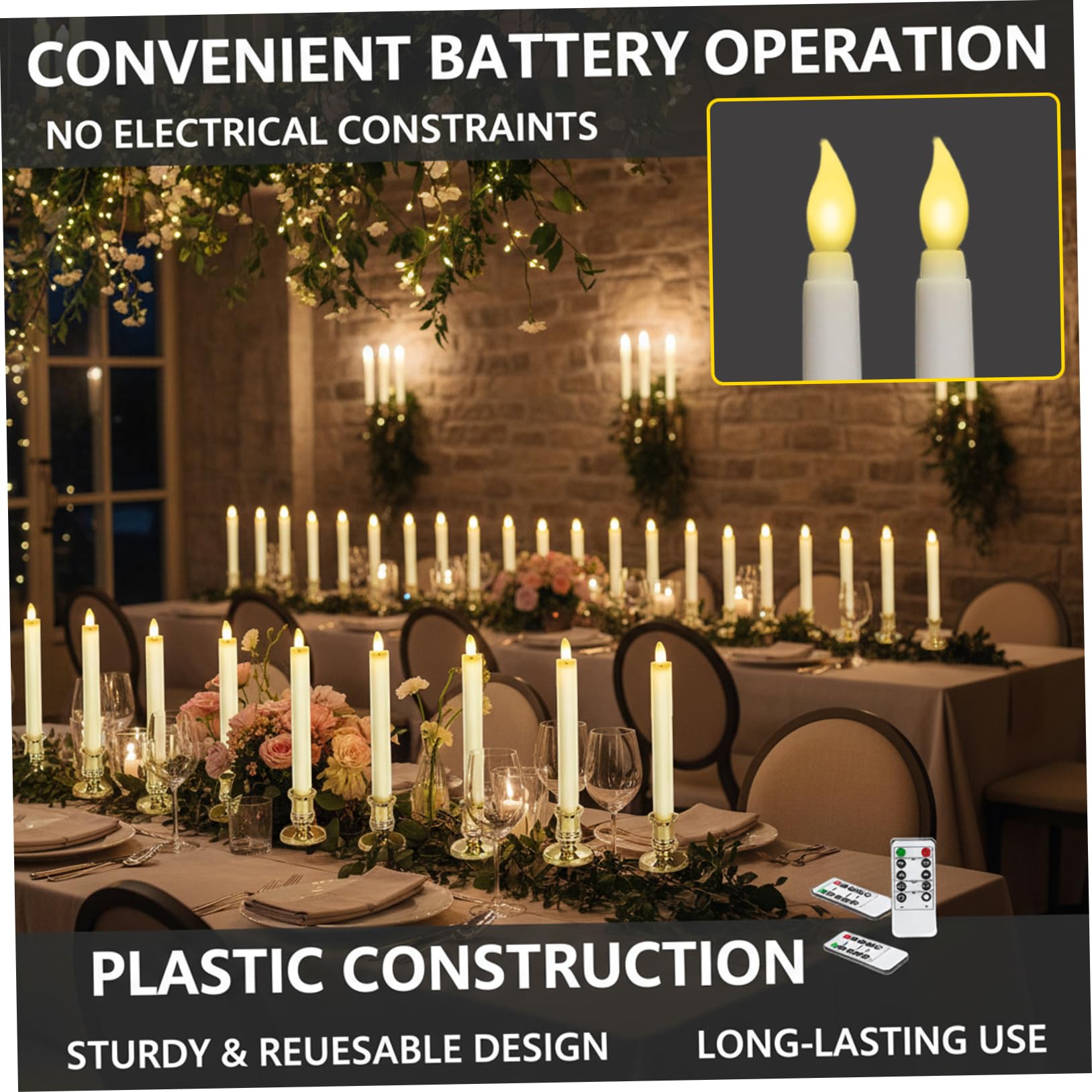 20 candele coniche a LED bianche da 24 cm, senza fiamma, con effetto fiamma tremolante, candele elettroniche a batteria, per decorazioni nuziali