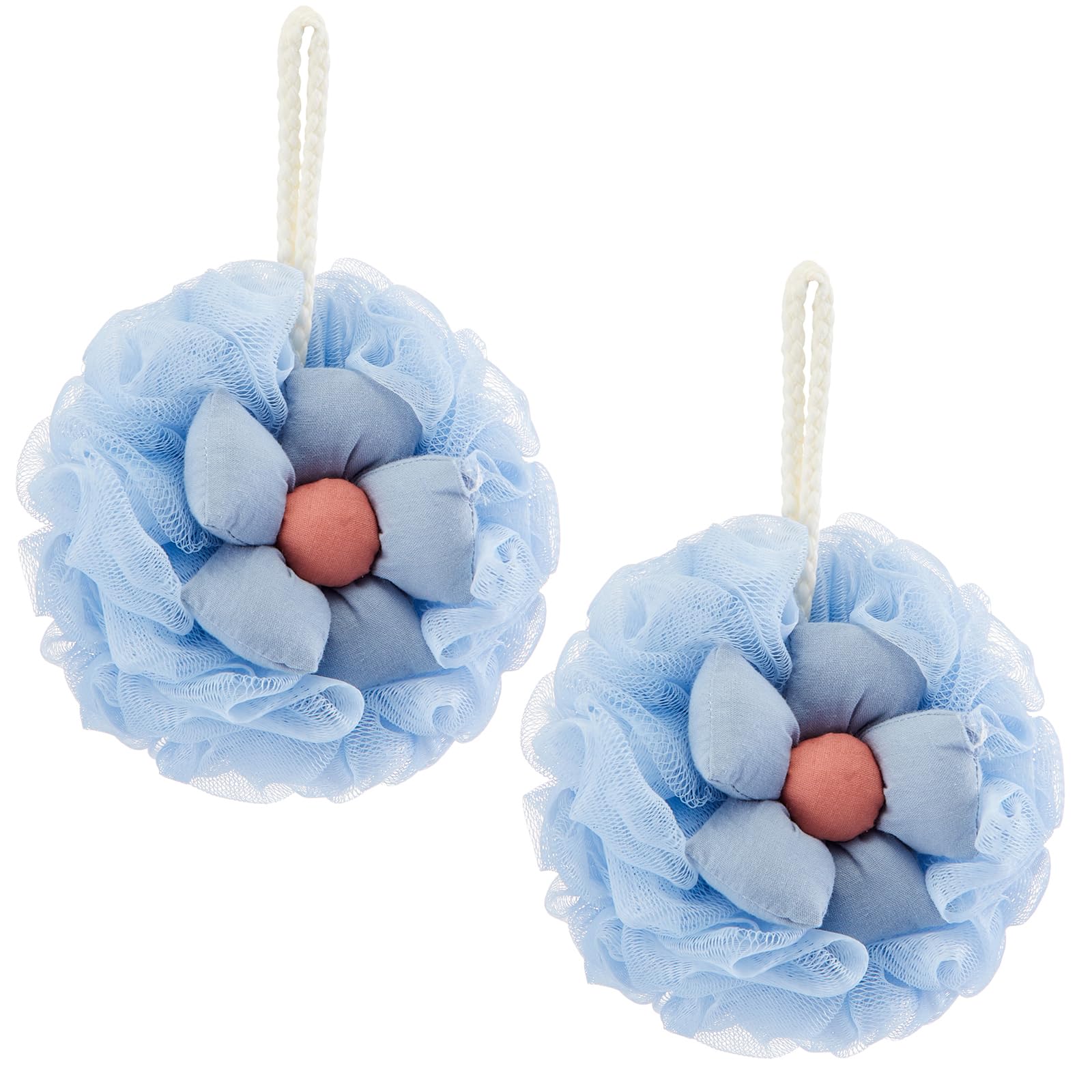 Afarnook 2 Pack Cute Flower Loofah for Women, Bath Loofah Sponge, Mesh Pouf Flower Body Scrubber, Exfoliating Shower Sponge, Bath Scrubber for Sensitive Skin in Beauty Bathing Accessories(Blue)