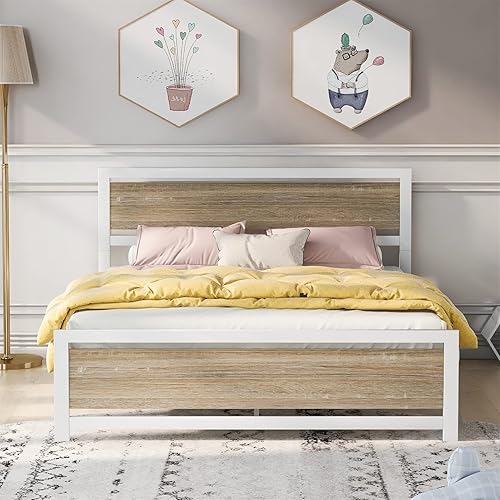 Queen Bed Frame Metal Platform Bed with Wooden Headboard Queen Platform Bed with Heavy-Duty Metal Frame No Box Spring Needed/Large Under Bed Storage, White