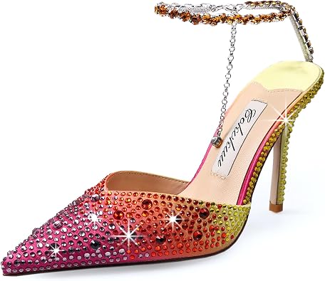 Womens Heeled Sandals Crystal Chain Ankle Straps Rhinestones Buckle High Heels Stiletto Slip On Wedding Party Satin Dress Shoes 3.9 IN
