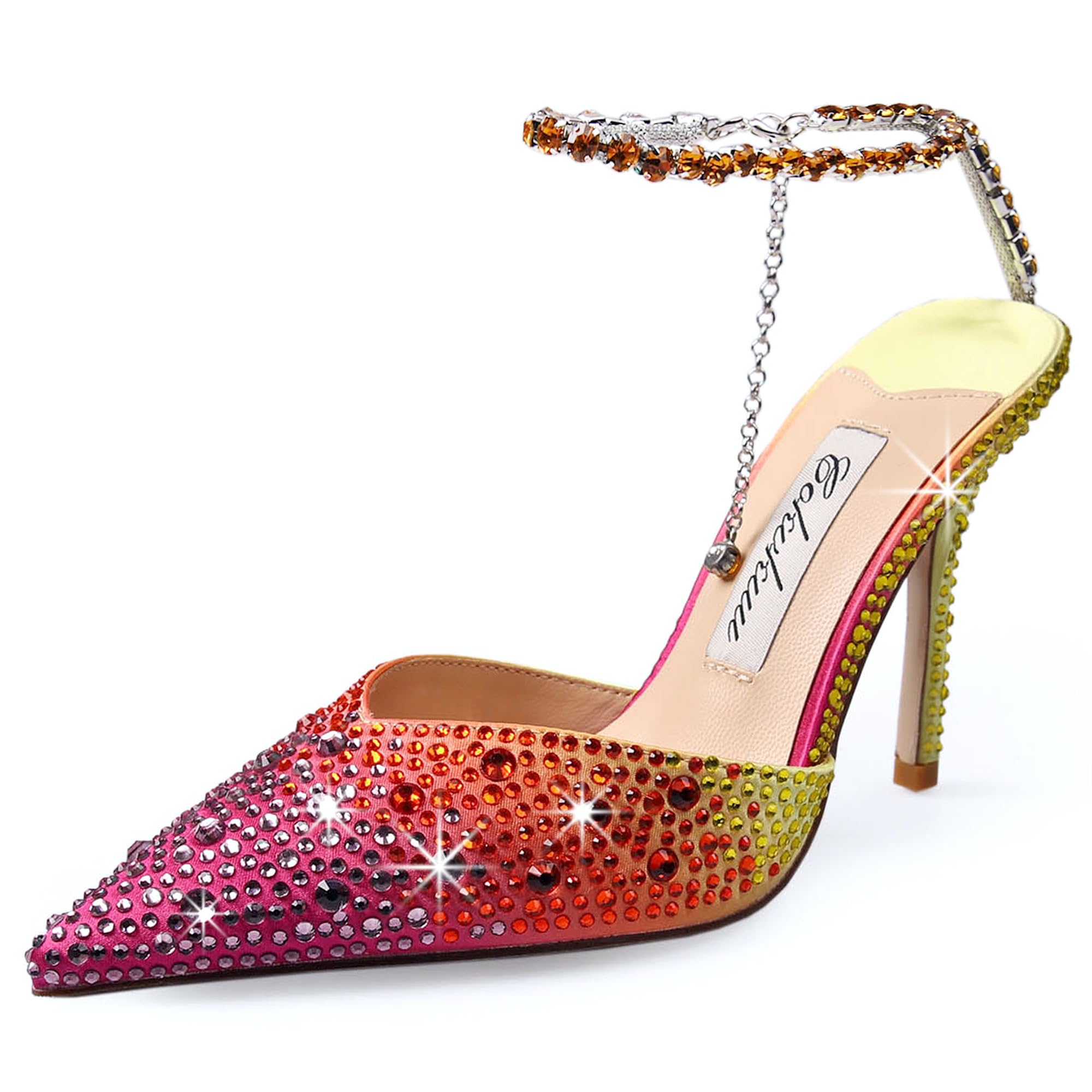 Cokvkuu Women's Heeled Sandals Crystal Chain Ankle Straps Rhinestones Buckle High Heels Stiletto Slip On Wedding Party Satin Dress Shoes 3.9 IN