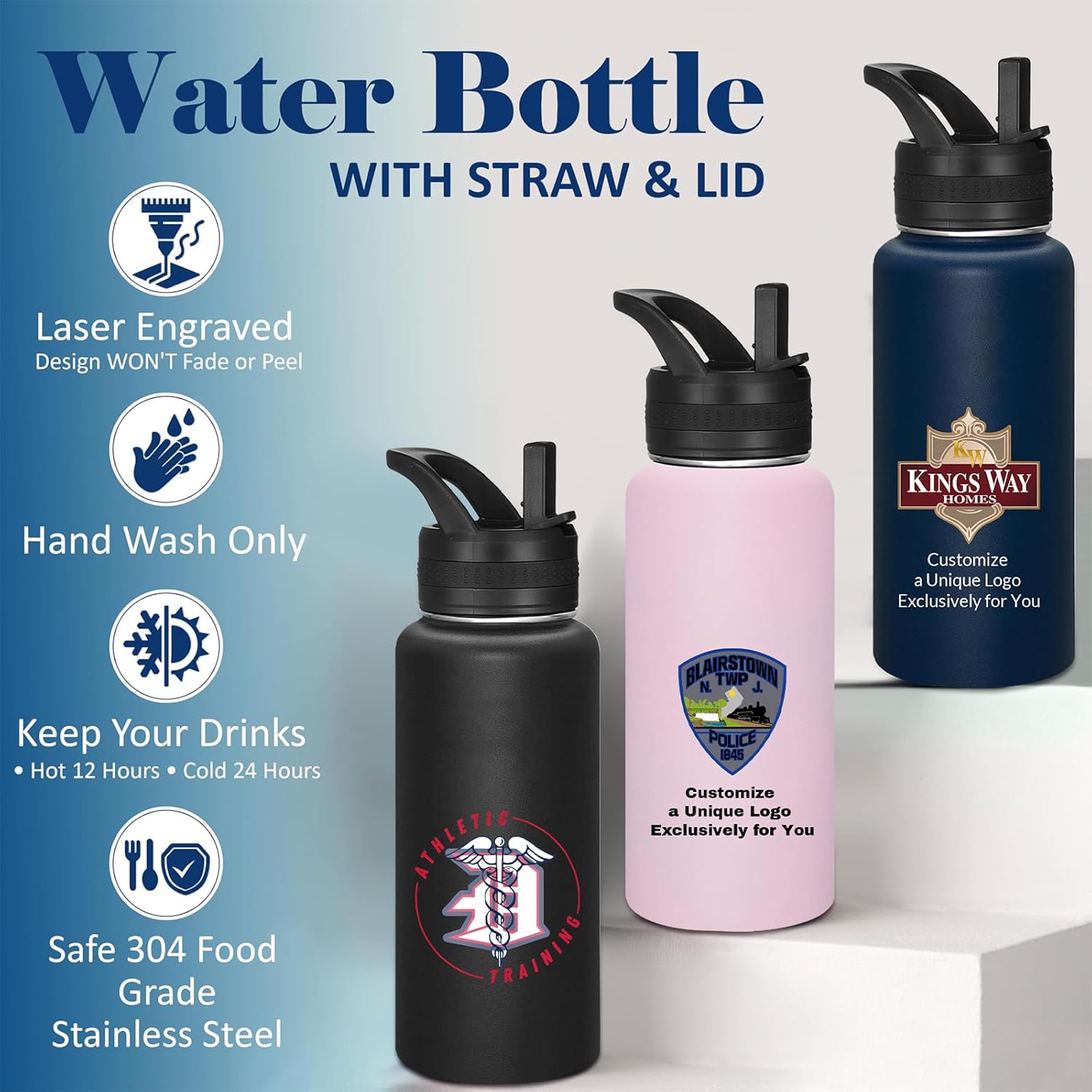Personalized Water Bottle 32oz, Custom Logo Water Bottle 75 Pack,Insulated Stainless Steel,Customized Gifts for Kids(Black)
