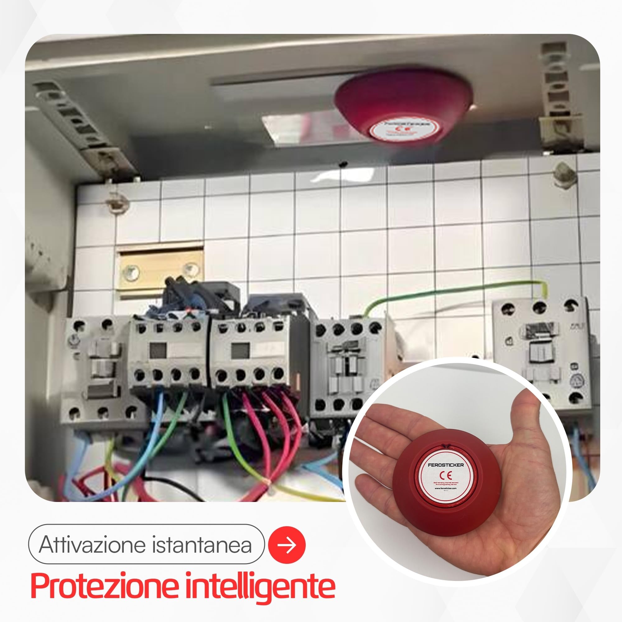 FEROSTICKER Piccolo Estintore Automatico – Atossico, Compatto e Senza Manutenzione, Protezione Antincendio Domestica per Quadri Elettrici, Generatori Solari, Veicoli, Batterie al Litio, Navi (1 Pezzo)