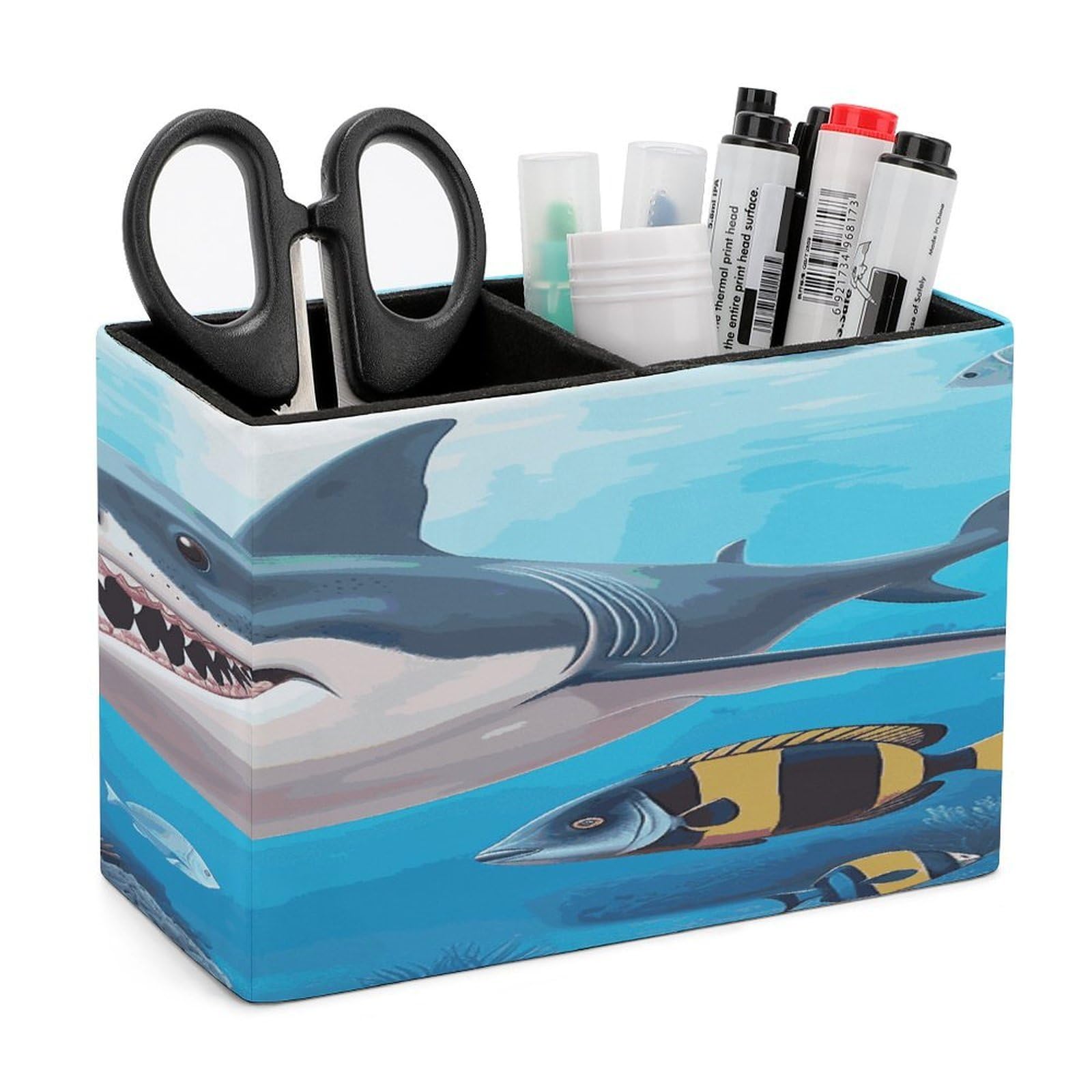 VstaDank Shark Ocean Theme Pen Holder Double Compartments Pen Cup Fashion Makeup Brush Holders Leather Pencil Holder for Work Locker Accessories Modern Pencil Cup for Desk Organizer