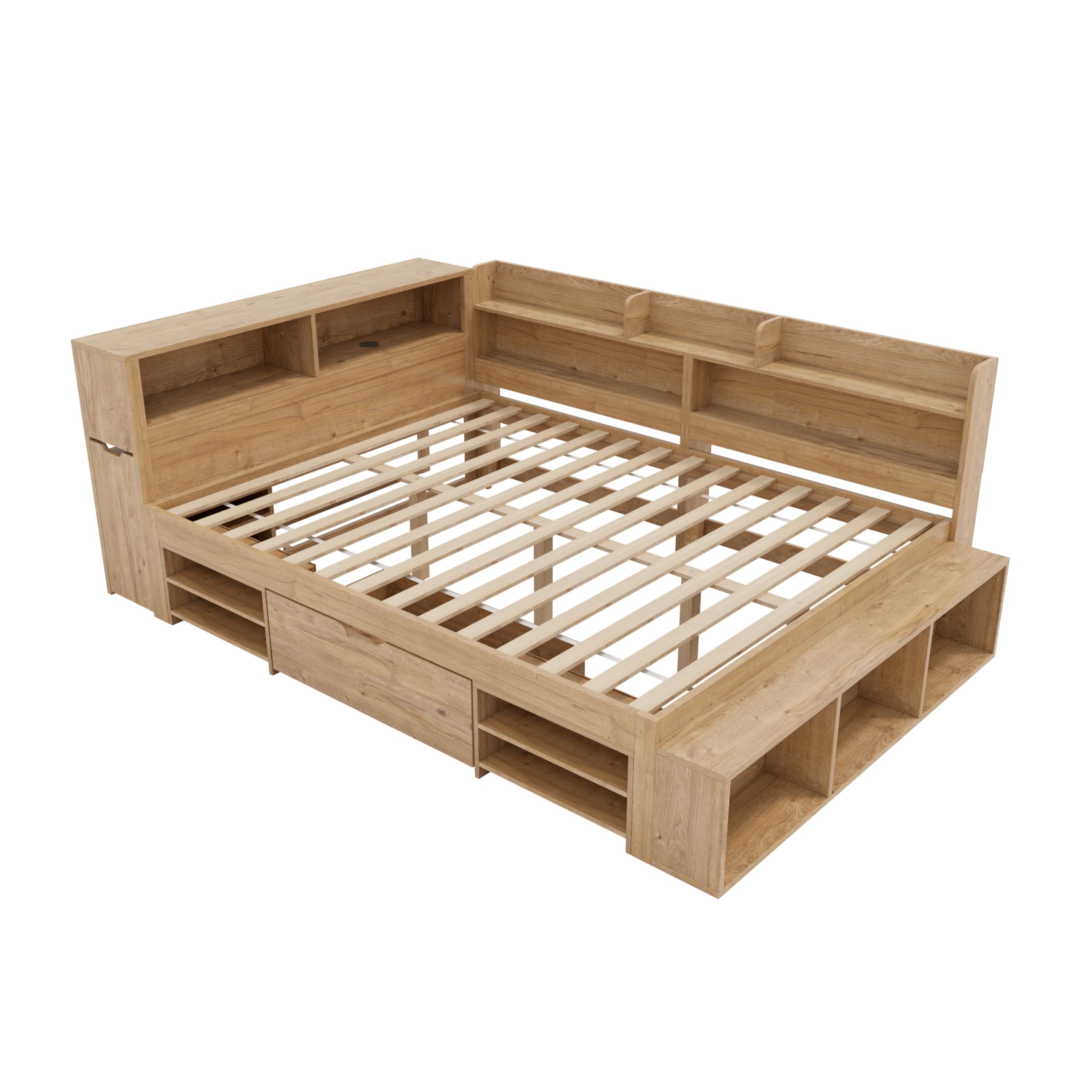 Sapgaks Lit Coffre en Bois Massif 140 x 200 cm,Lit Enfant Simple,Cadre de lit Enfant avec Rangement,Multifonctionnel avec Tables de Chevet, étagères et armoires de Rangement,avec Chargement sans Fil