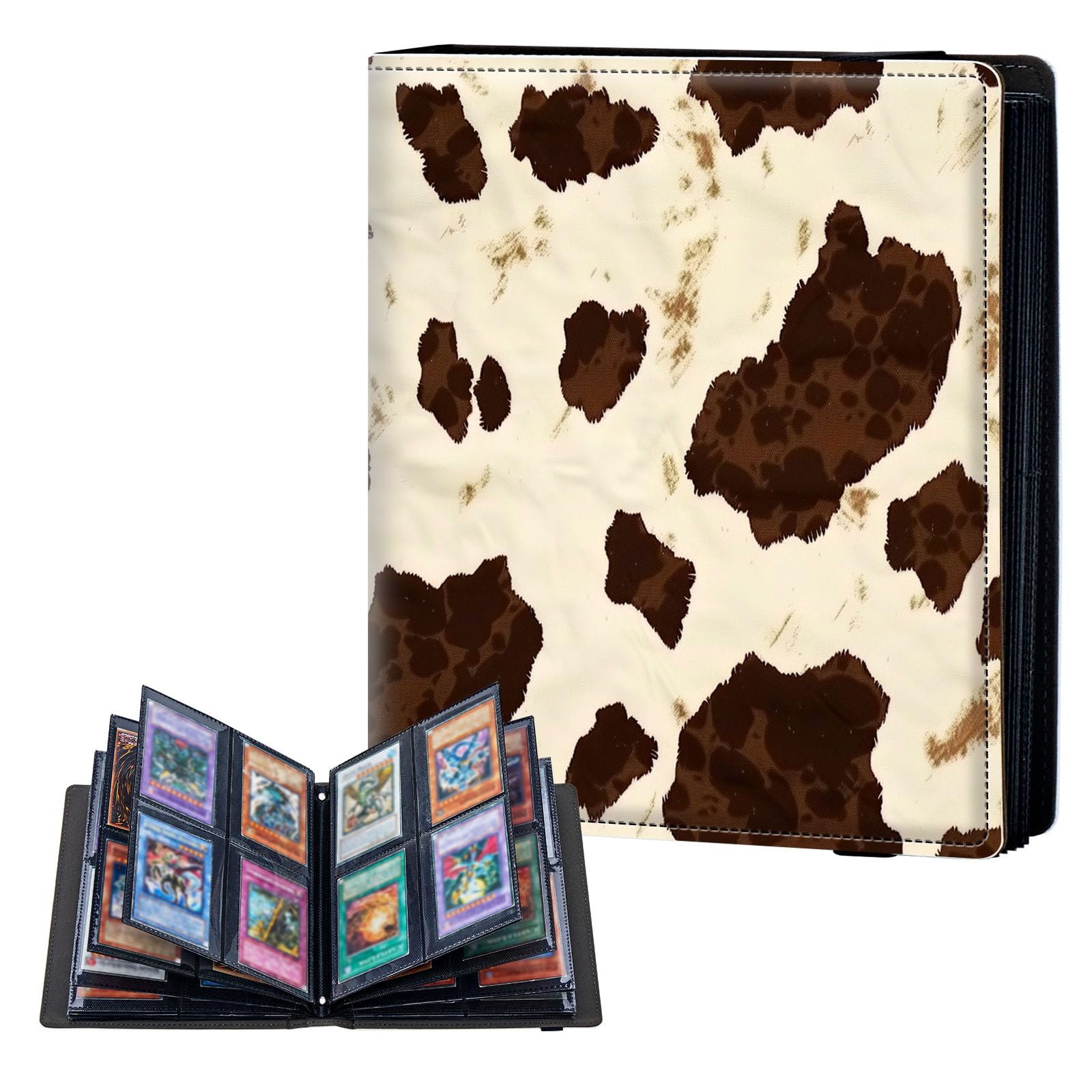 ETLKJVBL 4 Pocket Trading Card Binder, Card Collection Binder for TCG, MTG, Sports Cards, Baseball, Cow Print with the Spots Trading Card Book Holder for Collectors, Top Loader Binder