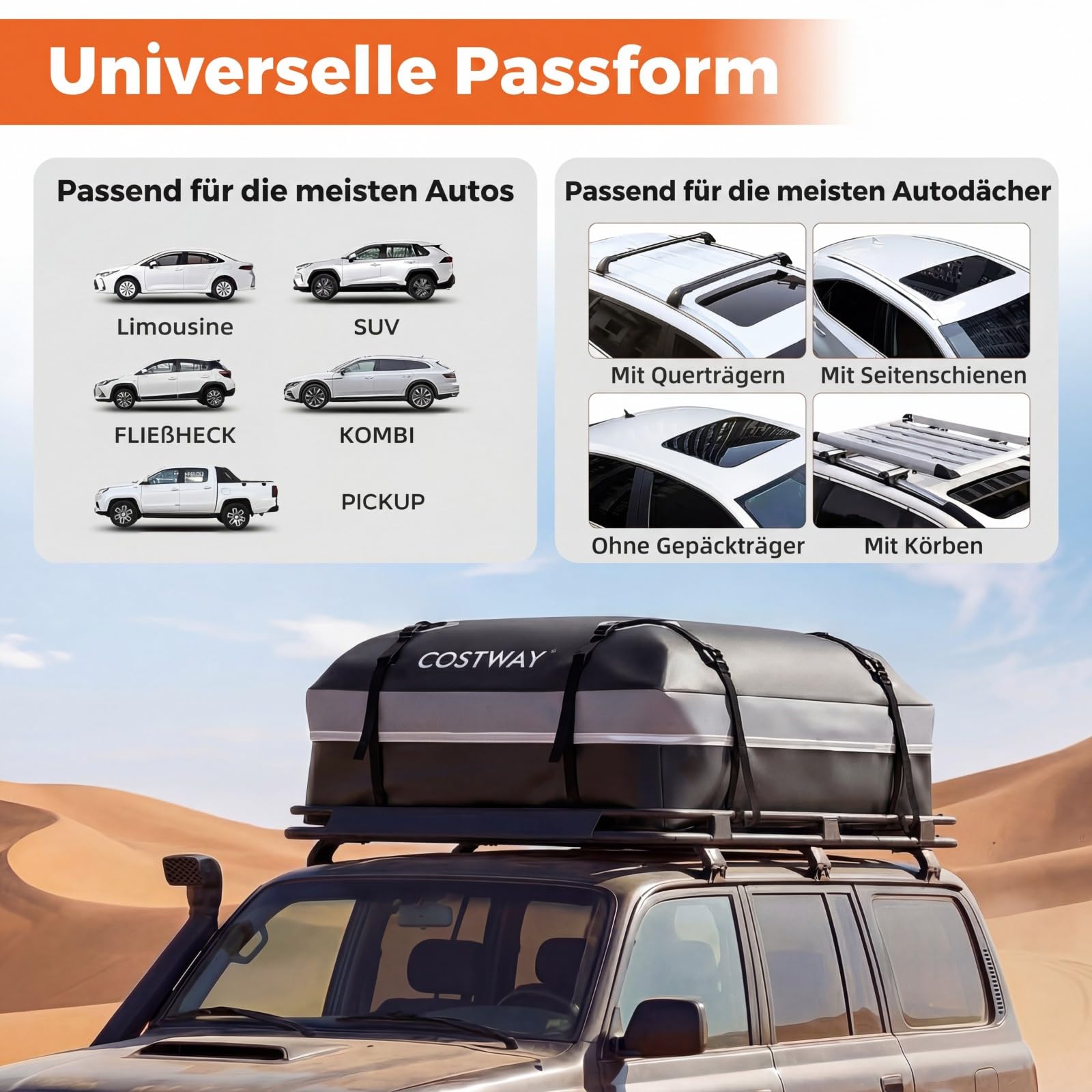 COSTWAY Dachbox Auto, 600 Liter Dachkoffer wasserdicht, Gepäckbox mit Anti-Rutsch-Matte, 6 Türhaken, Schloss & Tragetasche, tragbare Dachtasche XXL für Autos mit/ohne Gepäckträger (Grau)
