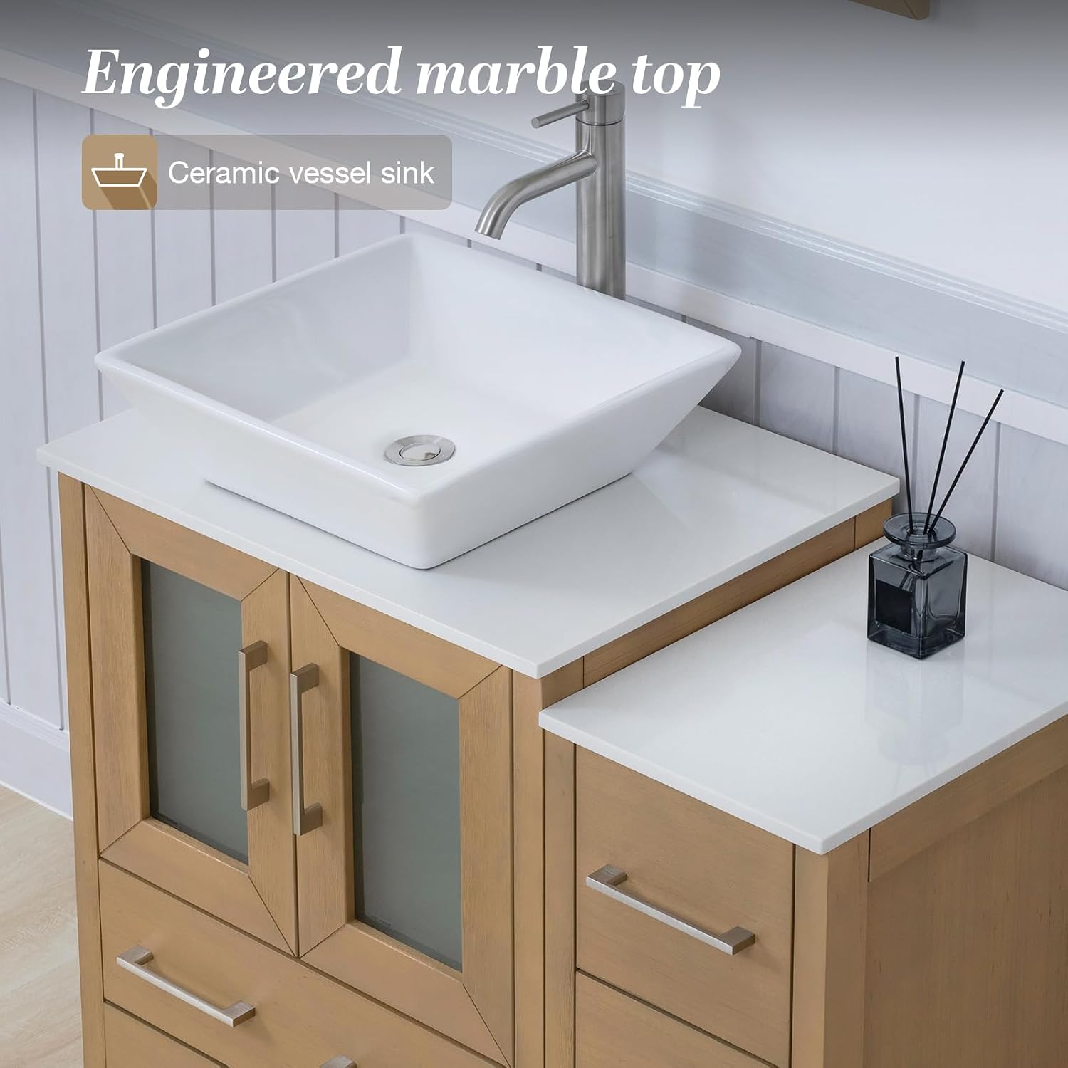 Vanity Art 36 Inch Vessel Single Sink Bathroom Vanity Cabinet with 1 Mirror, Engineered Marble Top Bathroom Cabinet Compact Set with 5 Dovetail Drawers and Soft Closing Doors, VA3124-36-NO
