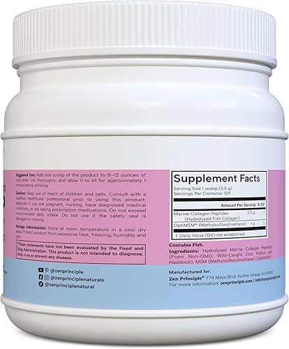 Miniatura 2 de Zen Principle Polvo de péptidos de colágeno marino con suplemento OptiMSM. Clínicamente probado para el apoyo de la piel. Pescado capturado en la