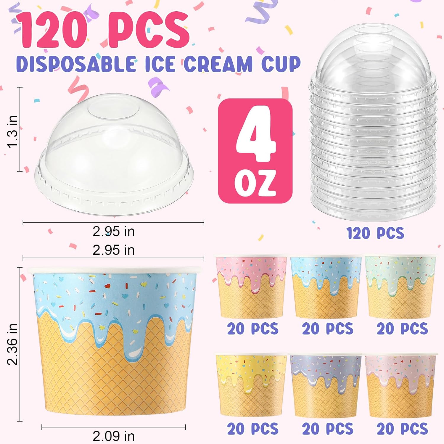 Jingmore 120 Pack 4 oz Ice Cream Paper Cups with Lids Disposable Ice Cream Bowls Paper Treat Dessert Cups 5 Colors Cake Snack Container for Hot or Cold Food Soup Yogurt Birthday Summer Party Supplies