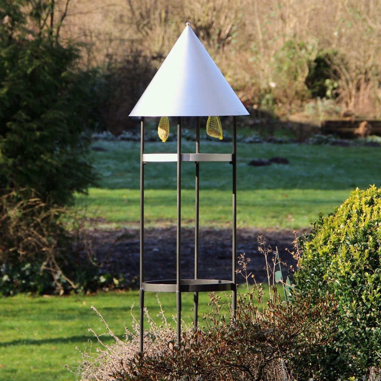 Videx Vogelhaus Pavillon mit Ständer Metall | Aluminium-Dach matt gebürstet | Vogelfutterstation modern | 175 cm hohe Futterstation Wildvögel, wetterfest