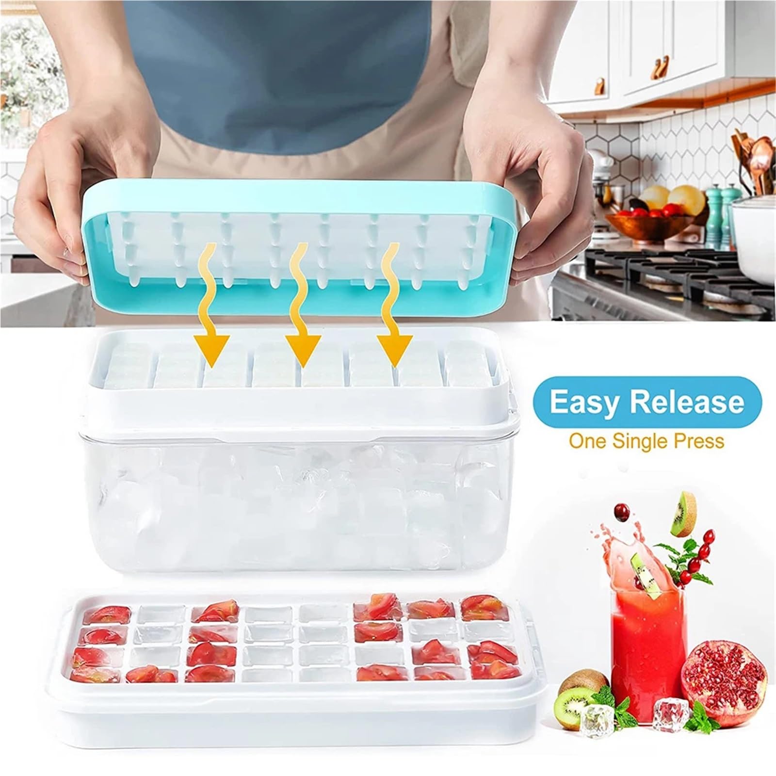 Cubiteras Para Hielo Bandeja de cubitos de hielo con 2 bandejas apilables, moldes de silicona con compartimento for congelador, 64 nuggets(Blue)