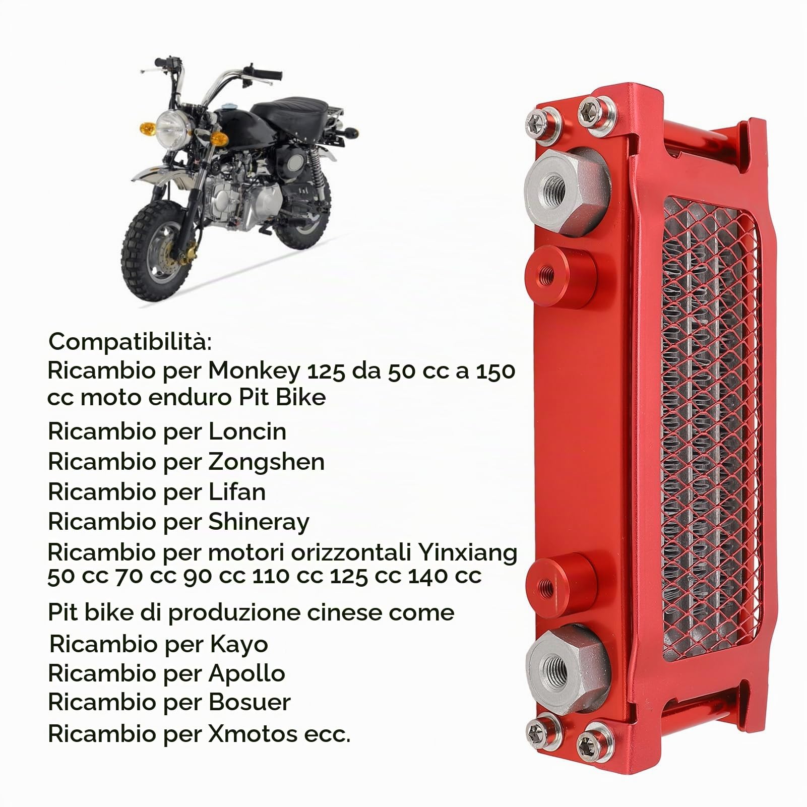 Kit Radiatore Olio Moto, Kit Radiatore Motore Ad Alta Efficienza in Alluminio a 4 File Radiatore di Raffreddamento Olio Motore per Monkey 125 50cc a 150cc Dirt Pit Bike (rosso)