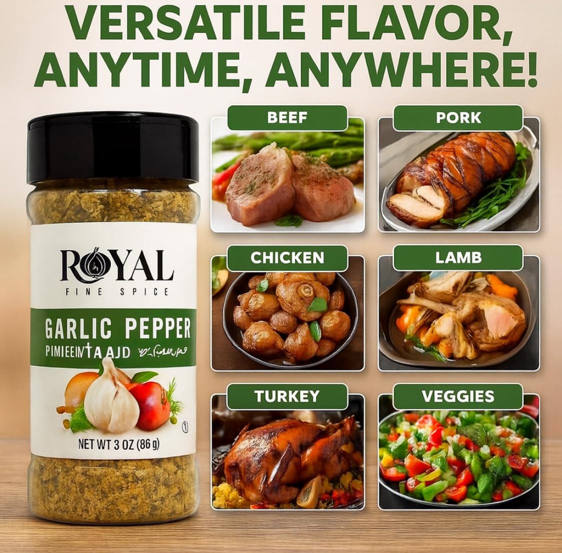 Royal Fine Spice, Garlic Pepper Blend – 3oz | Burger Seasoning, Fish, Pork Chop, Mashed Potatoes | All-Purpose Steak Seasoning, Chicken, Pasta & Veggies | Made in USA - Low Sodium, pack of 3, - Image 4