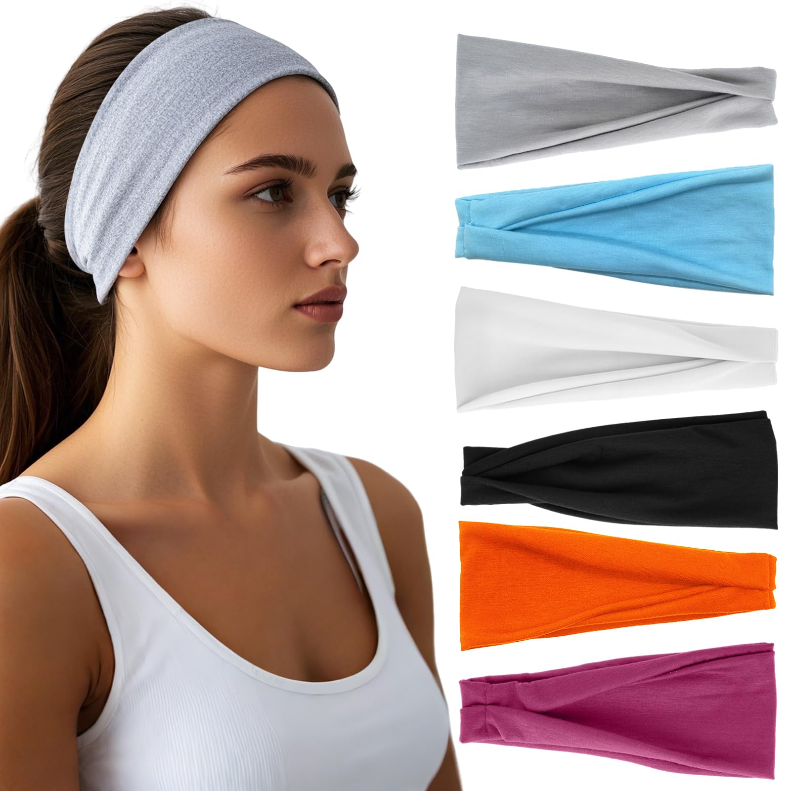 Headbands for Women - 6 Pack Wide Elastic Hairbands | Ultra-Soft Moisture Wicking Sports Headband | Non-Slip Accessories Bands for Fashion (Orange Blue Grey White Rose Black)-image-40