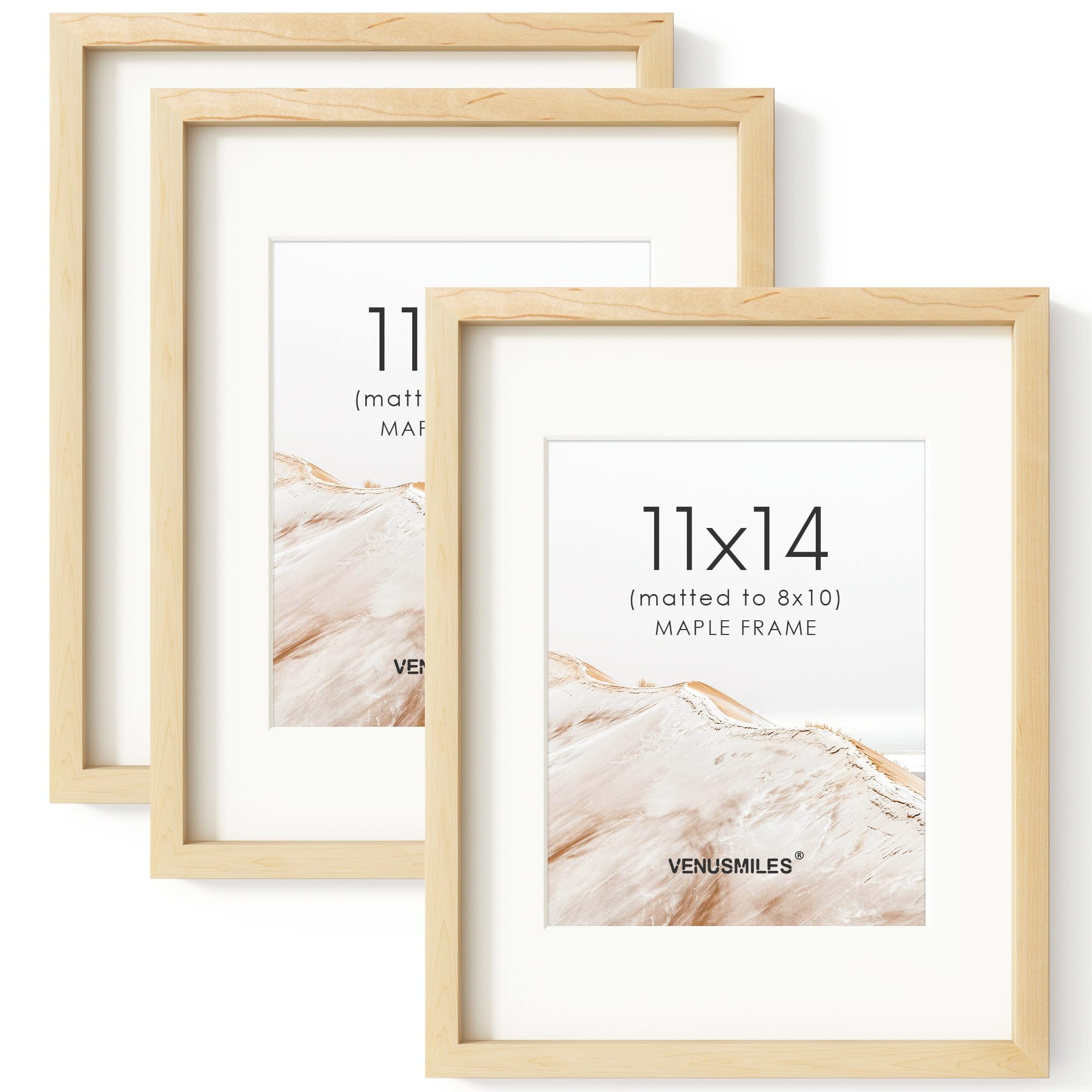 11x14 Picture Frame Set of 3, USA-Sourced Natural Maple Wood Photo Frame
