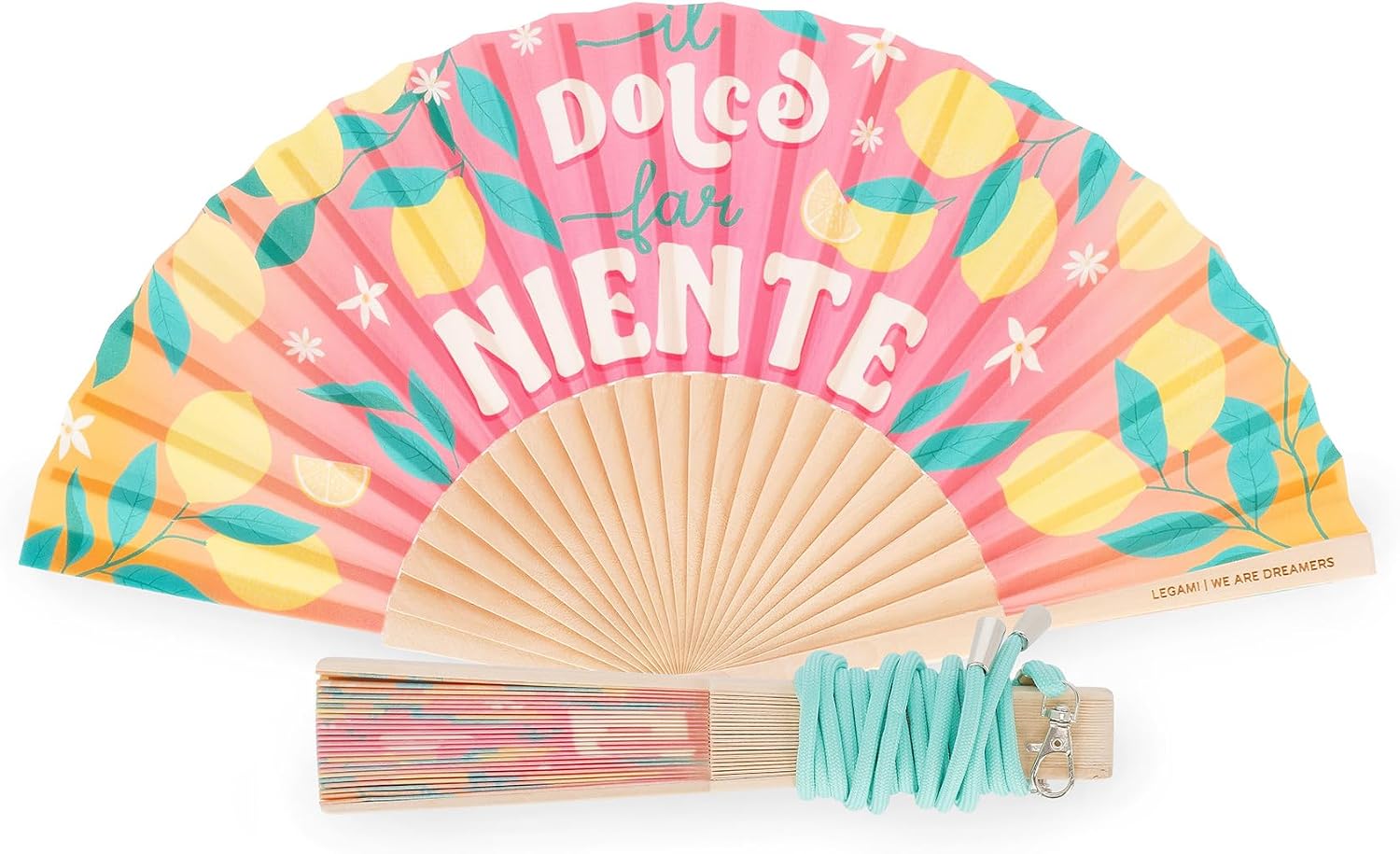 LEGAMI – Folding fan ¡Que Calor! Dolce Far Niente, detachable and adjustable drawstring with matching design, made of polyester, wooden handle, 3.6 x 23 cm