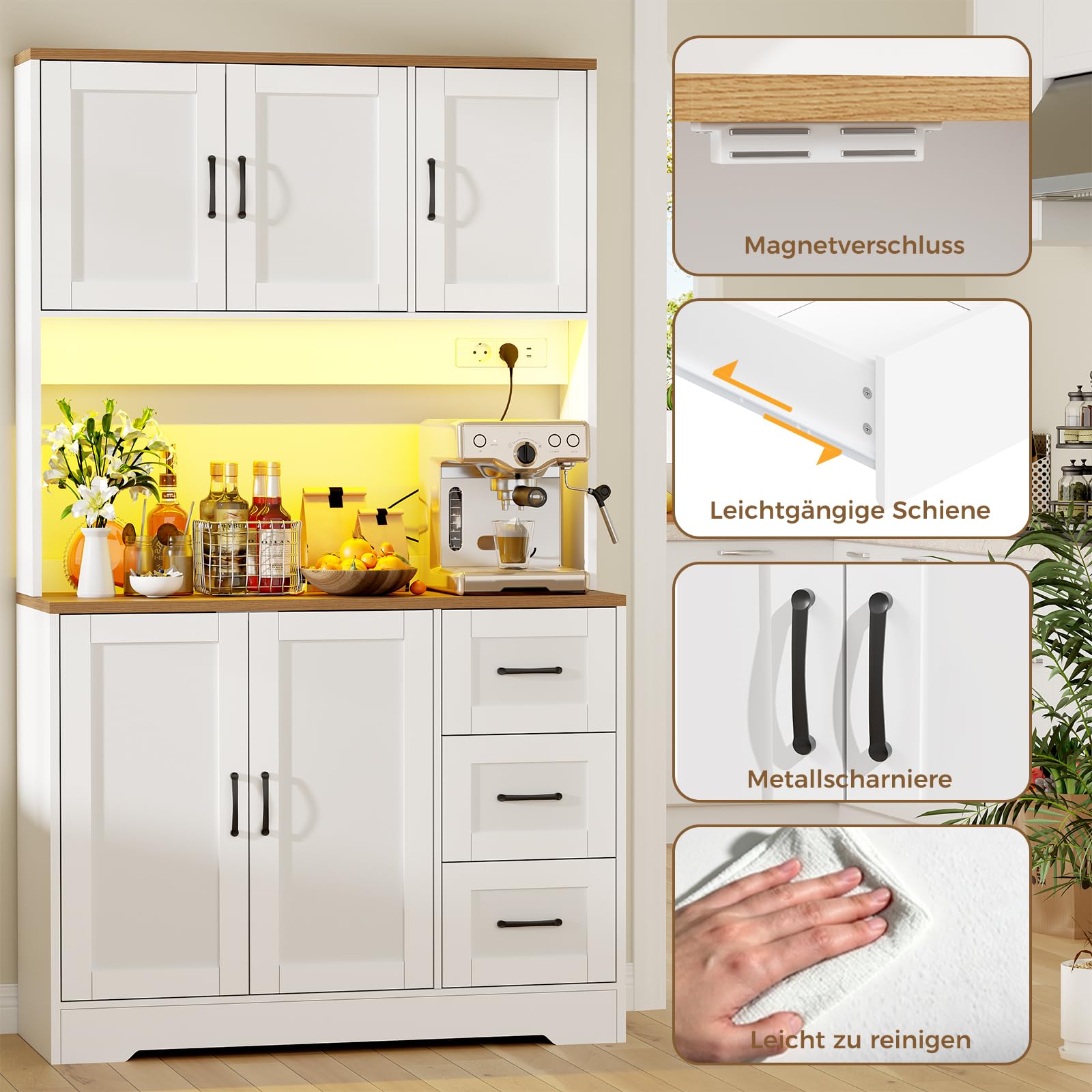 BEWISHOME küchenschrank mit LED Licht und Steckdosen küchenbuffet Buffetschrank, Sideboard Hochschrank, 2 Oberkabinette 3 Schubladen 2 Türen, Verstellbare Einlegeböden, 180x100x40 cm, Weiß, EZCG04W