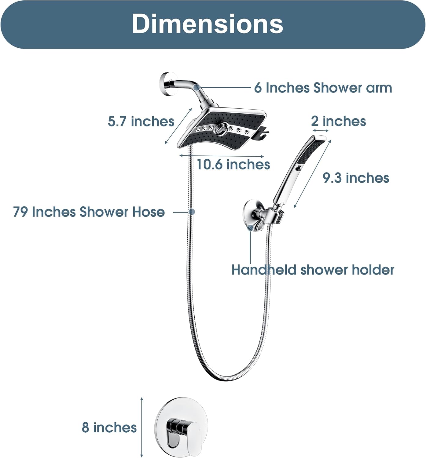 BRIGHT SHOWERS Dual Shower Head System with Handheld and Rainfall Shower, Shower Faucet Set with Valve and Trim Kit, Includes 79-Inch Stainless Steel Hose, Chrome