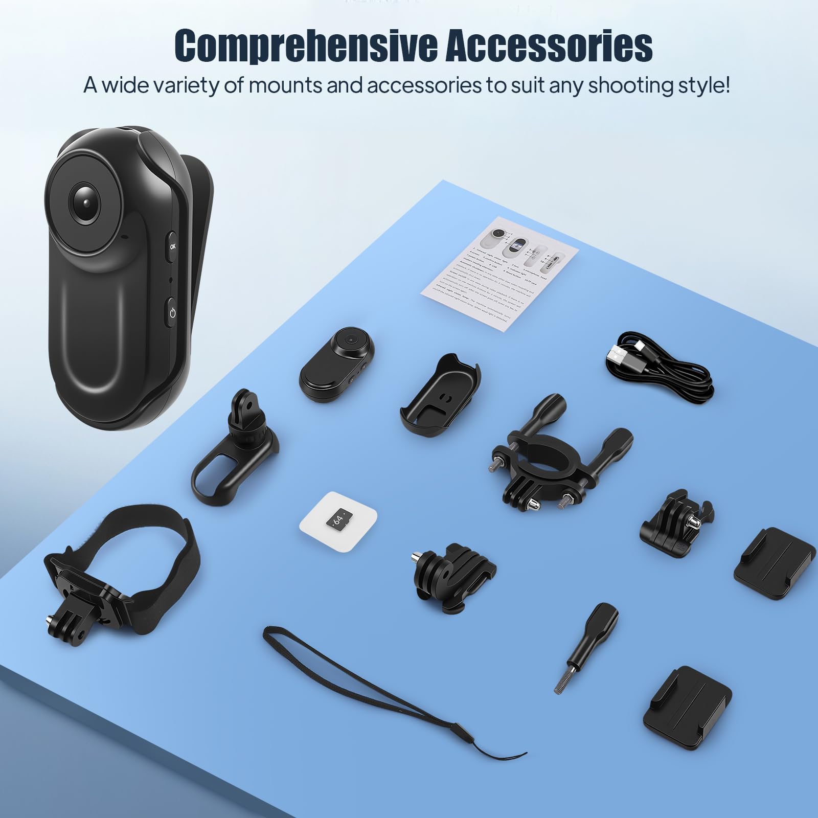 Mini Action Cam, 1080P Tragbare Body Kamera und 64 GB, 130° Bodycam Körperkamera, Outdoor-Reiten Actionkameras,Helmkamera für Fahrrad-und Motorrad-Helme